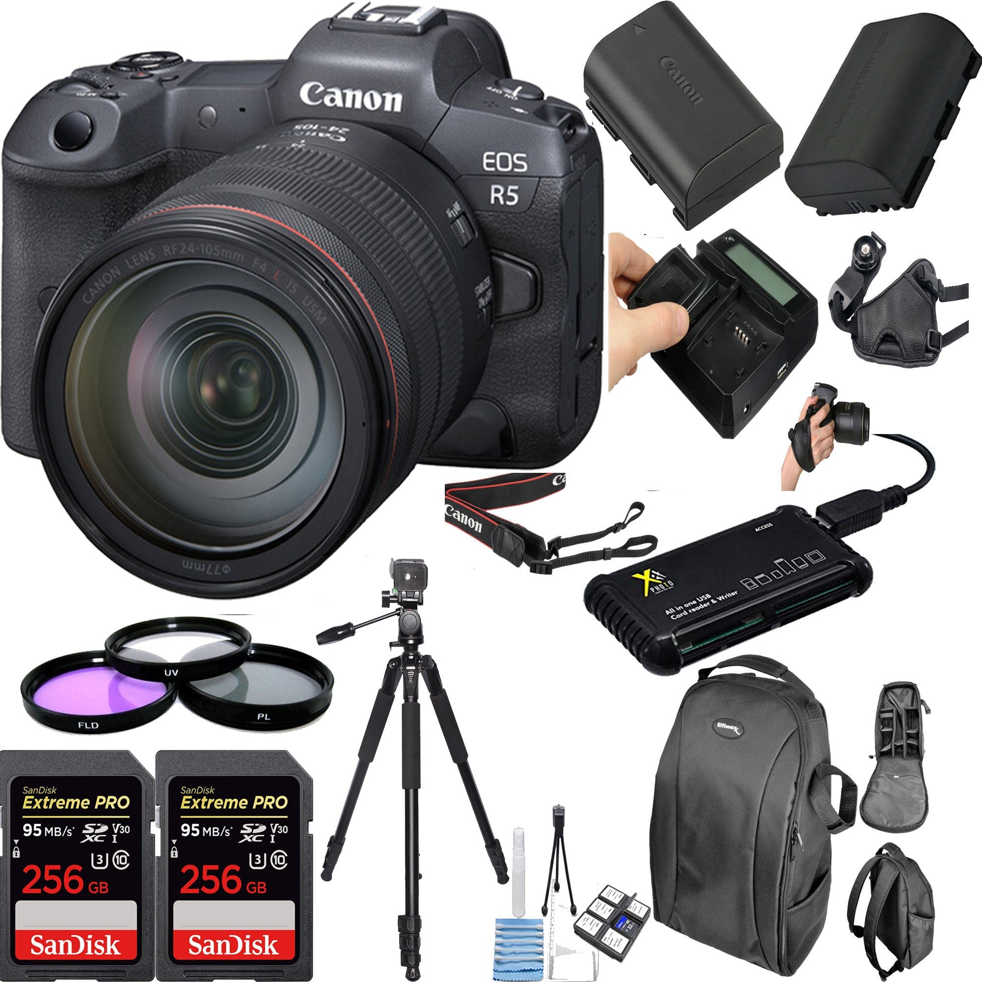 Canon EOS R5 Full Frame Mirrorless Camera with RF 24-105mm f/4L IS USM Lens & 2x SanDisk 256GB Extreme PRO SD Cards - Professional Photography, 4K Video, Travel & Vlogging Kit