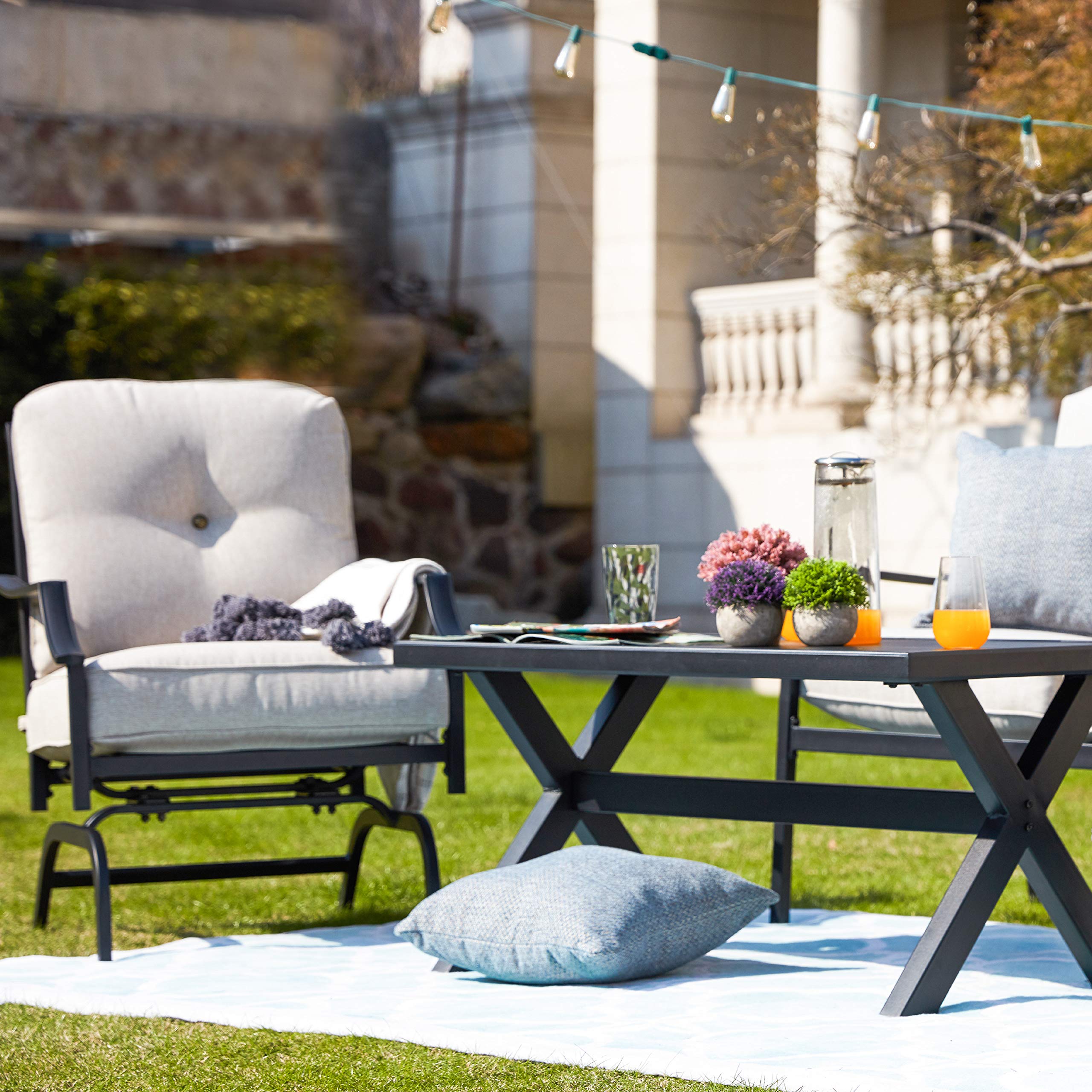 4-Piece Outdoor Patio Furniture Set with All-Weather Cushions - Metal Conversation Set Includes Loveseat, 2 Chairs & Coffee Table for Poolside, Garden, Lawn or Backyard (Beige)