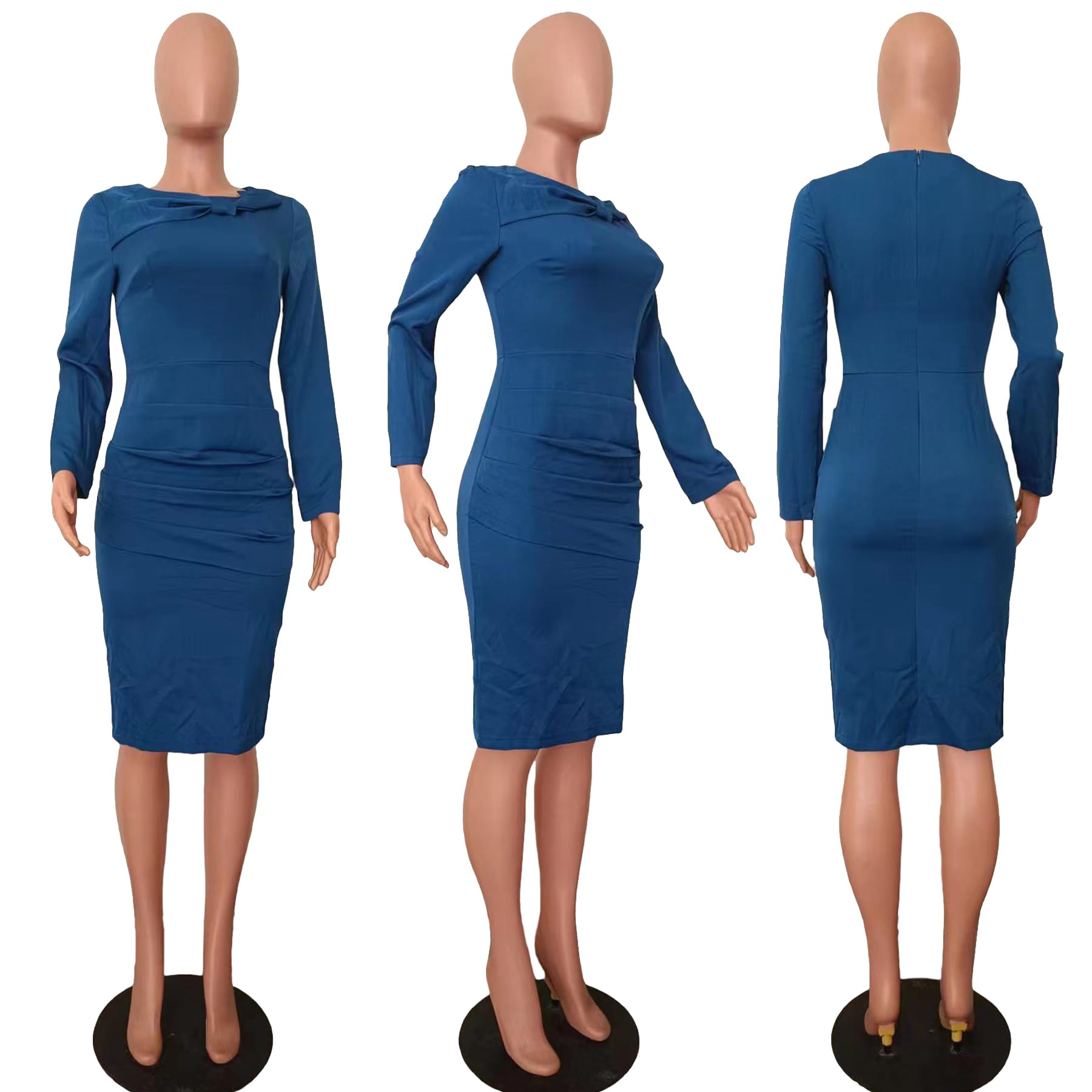 Molisry Women's Long Sleeve Bodycon Midi Dress - Ruched Ruffle Patchwork Casual Party Dress for Wedding Guest, Date Night, Cocktail Party & Special Occasions