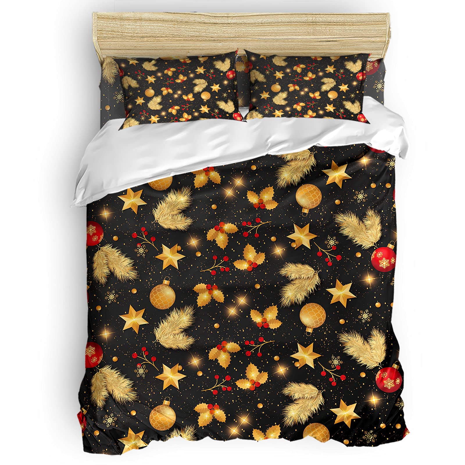 Seven Roses 4-Piece Christmas Bedding Set - Soft Quilt Cover, Sheets & Pillowcases with Golden Pine Tree Star Bells Design | Full Size Holiday Decor for Cozy Winter Bedrooms