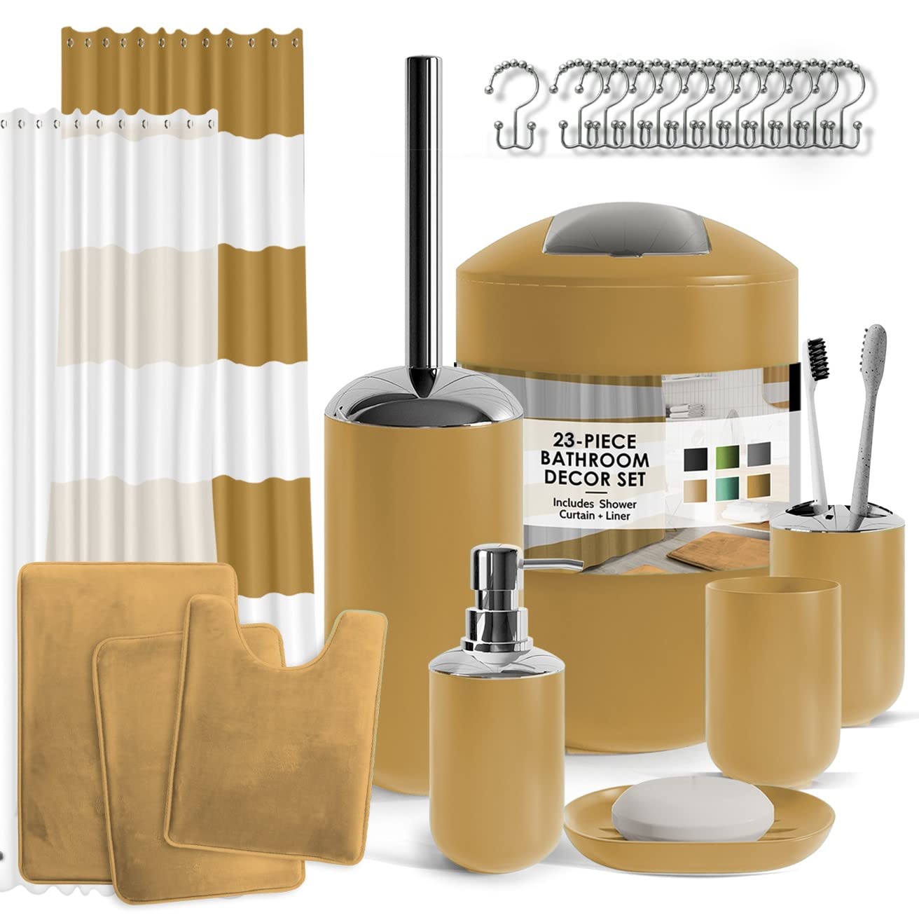 Clara Clark 23-Piece Luxury Bathroom Set - Non-Slip Soft Bath Rugs, Gold Shower Curtain with Liner & Hooks - Complete Bathroom Accessories for Master Bath, Guest Bath & Apartment Decor