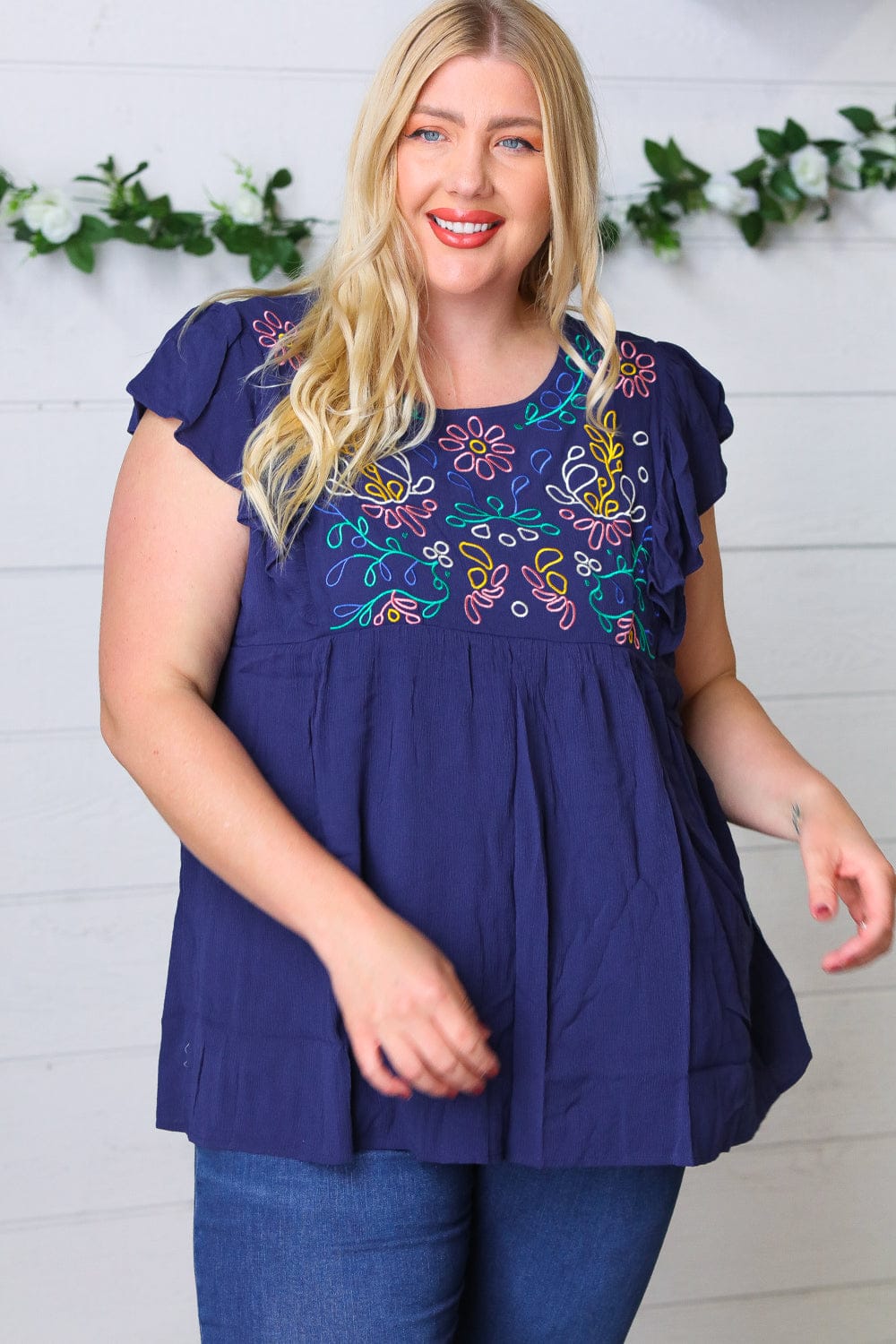Navy Blue Floral Embroidered Flutter Sleeve Blouse for Women - Elegant Boho Chic Tunic Top for Casual Wear, Date Night & Summer Outfits