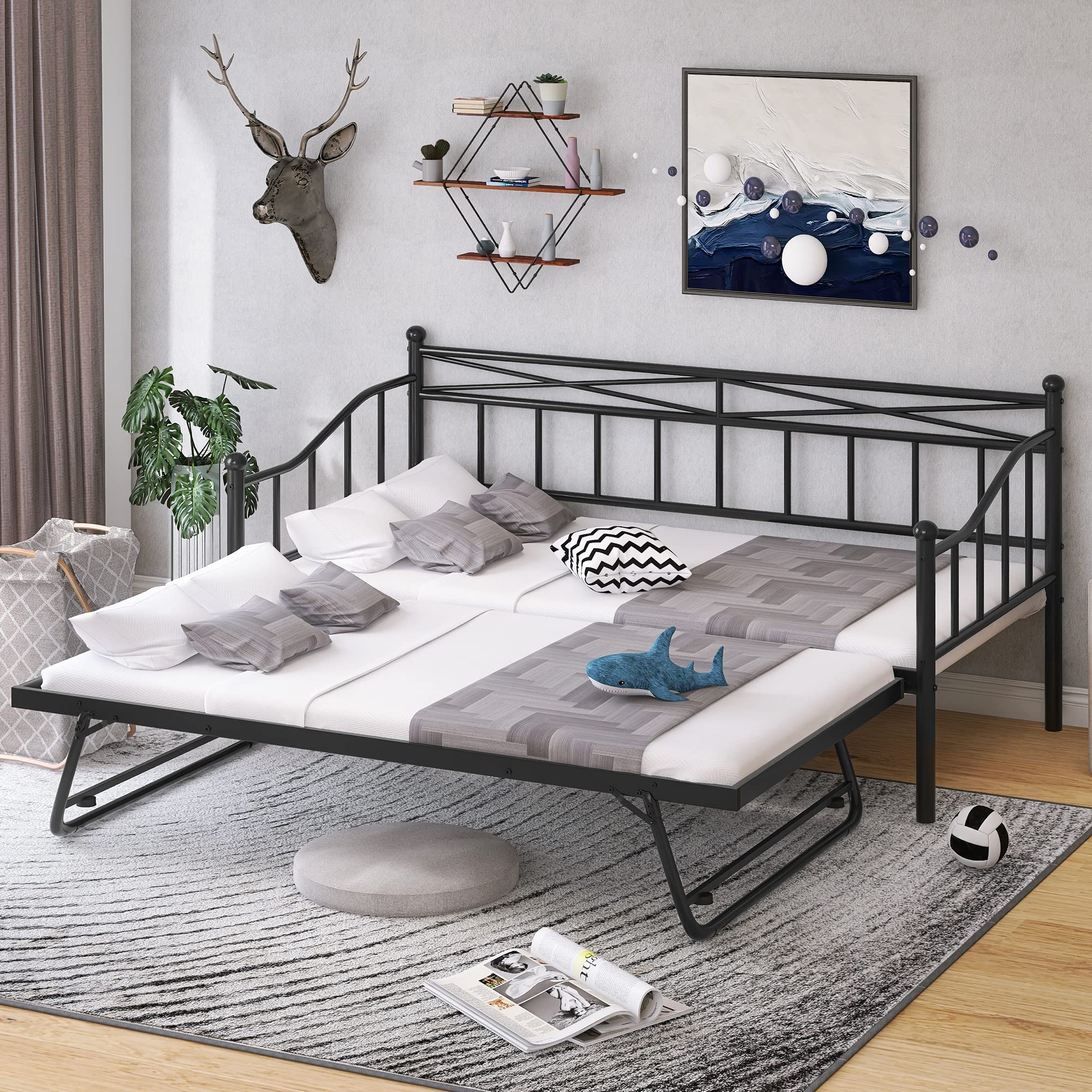 Twin Size Metal Daybed with Adjustable Trundle - Portable Folding Bed Frame for Kids Teens Adults - No Box Spring Needed - Black - Perfect for Guest Rooms, Dormitories & Small Spaces