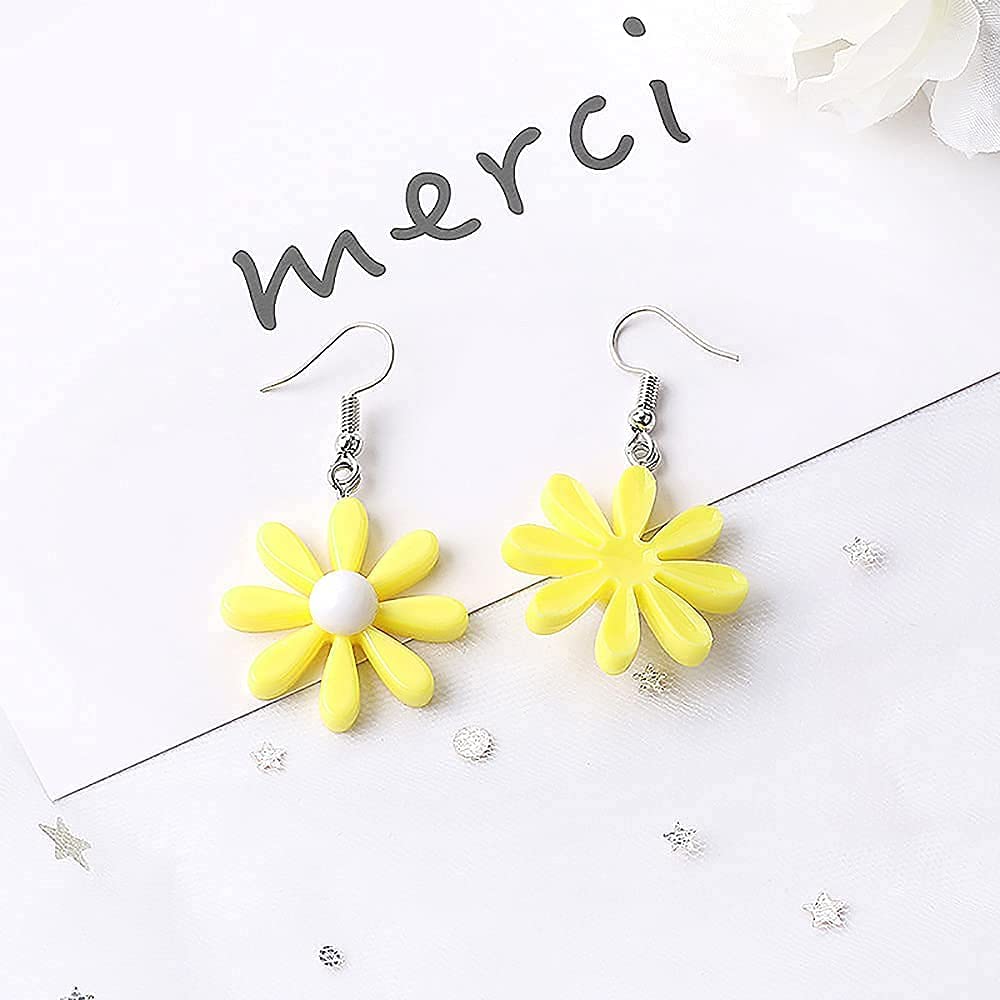 Yellow Acrylic Daisy Flower Earrings for Women - Dangle Wild Lily Petals Hawaiian Style Jewelry | Perfect for Summer, Beach Vacations & Boho Fashion