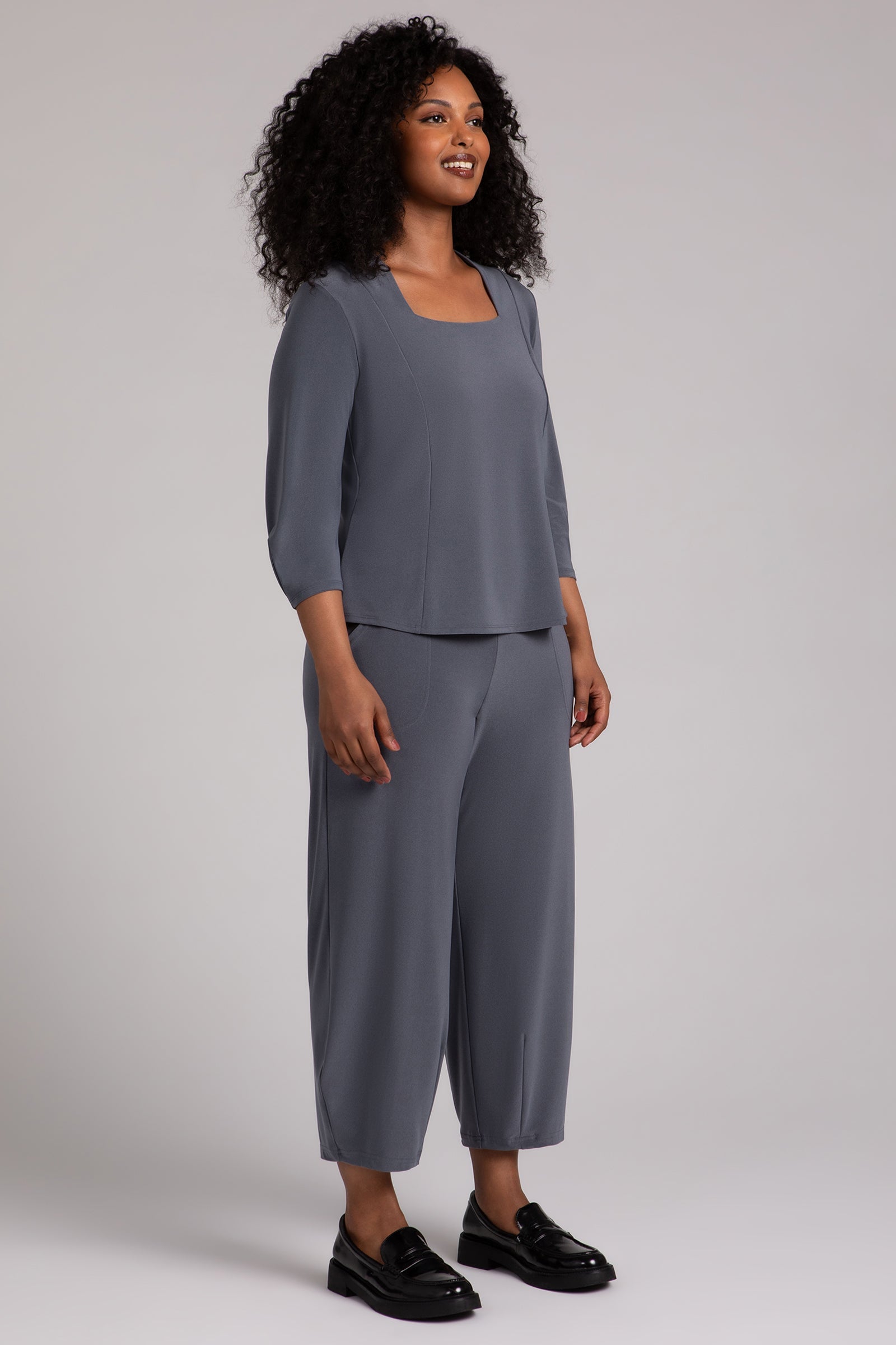 Fit N Flare Lantern Top in Melange Gunmetal - Elegant Women's Blouse for Casual Wear, Date Night & Office Outfits