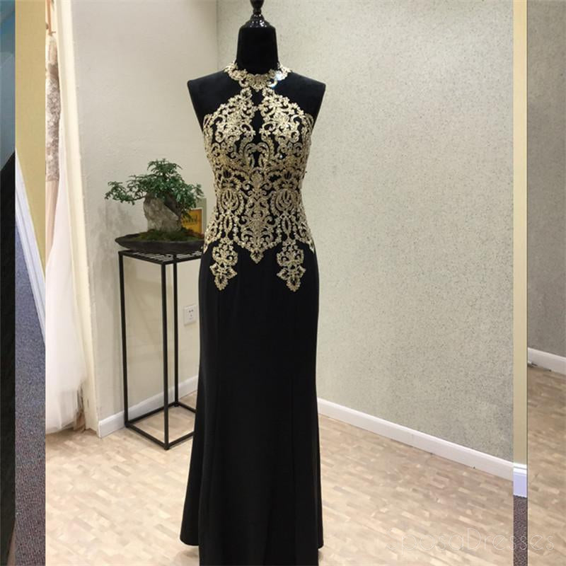 Elegant Black Halter Mermaid Evening Dress with Gold Lace Beading - Custom Long Prom Gown for Formal Parties & Special Occasions | Perfect for Homecoming, Prom Night & Black Tie Events