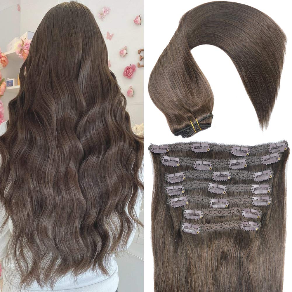 Remy Human Hair Clip-In Extensions 14 Inch Dark Brown #2 - 100g Double Wefted Lace Front Hairpiece for Volume & Length | Silky Straight with Thick Ends | Perfect for Parties, Weddings & Daily Styling