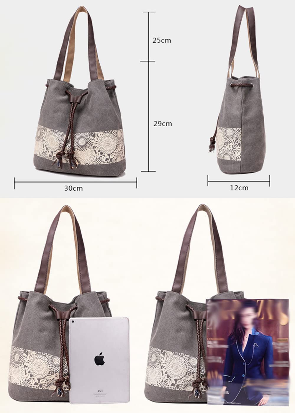 YAQUNICER Vintage Print Women's Canvas Shoulder Bag - Fashionable Drawstring Handbag Purse for Casual Outings, Travel & Everyday Use