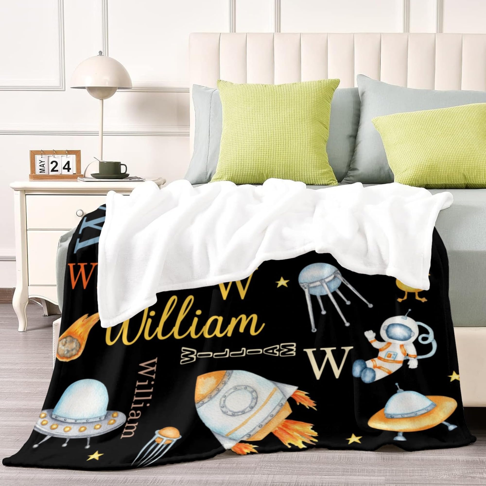 Custom Personalized Astronaut Blanket with Name - Space Universe Rocket ET Design for Boys, Girls, Women & Baby - Soft Fleece Throw Blanket for Bedroom, Nursery, Couch & Gift Giving