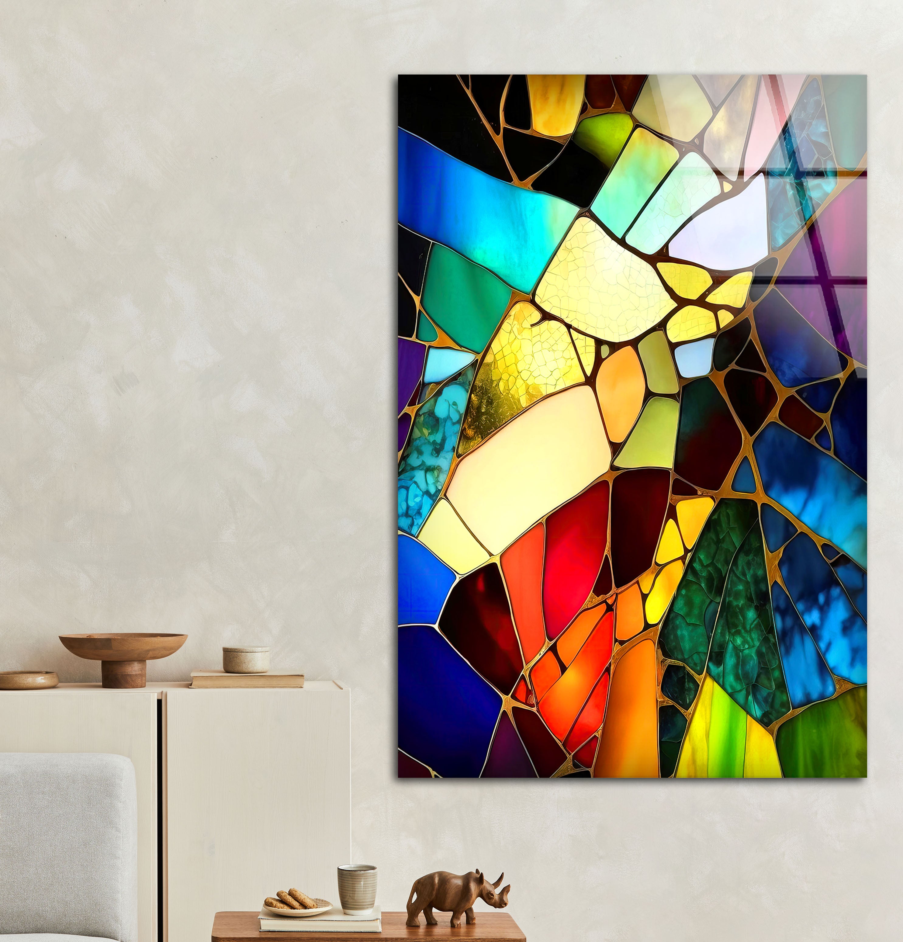 Vibrant Stained Glass Wall Art - Abstract Fractured Glass Print for Modern Home Decor | Artistic Wall Hanging for Living Room, Bedroom & Office | Unique Eclectic Interior Design Accent