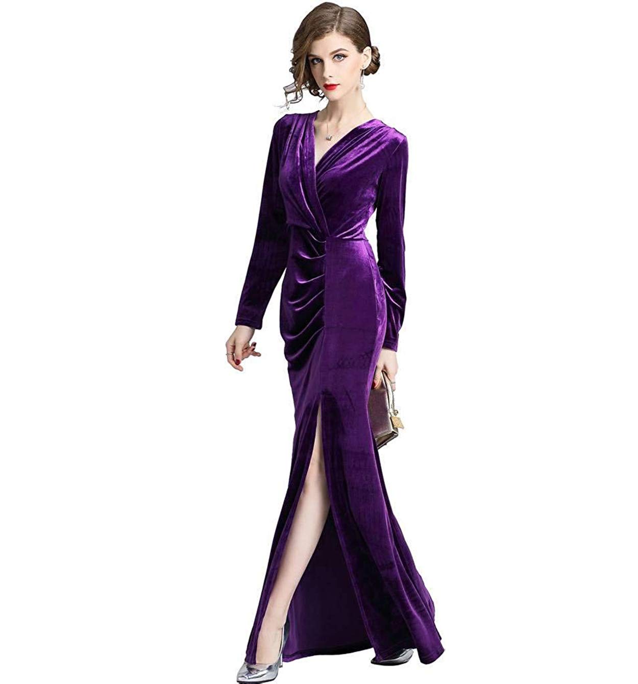 Honey Qiao Women's Velvet Evening Dresses - 90s Retro V-Neck Long Bodycon Formal Gown with Side Slit for Prom, Cocktail Party & Black Tie Events