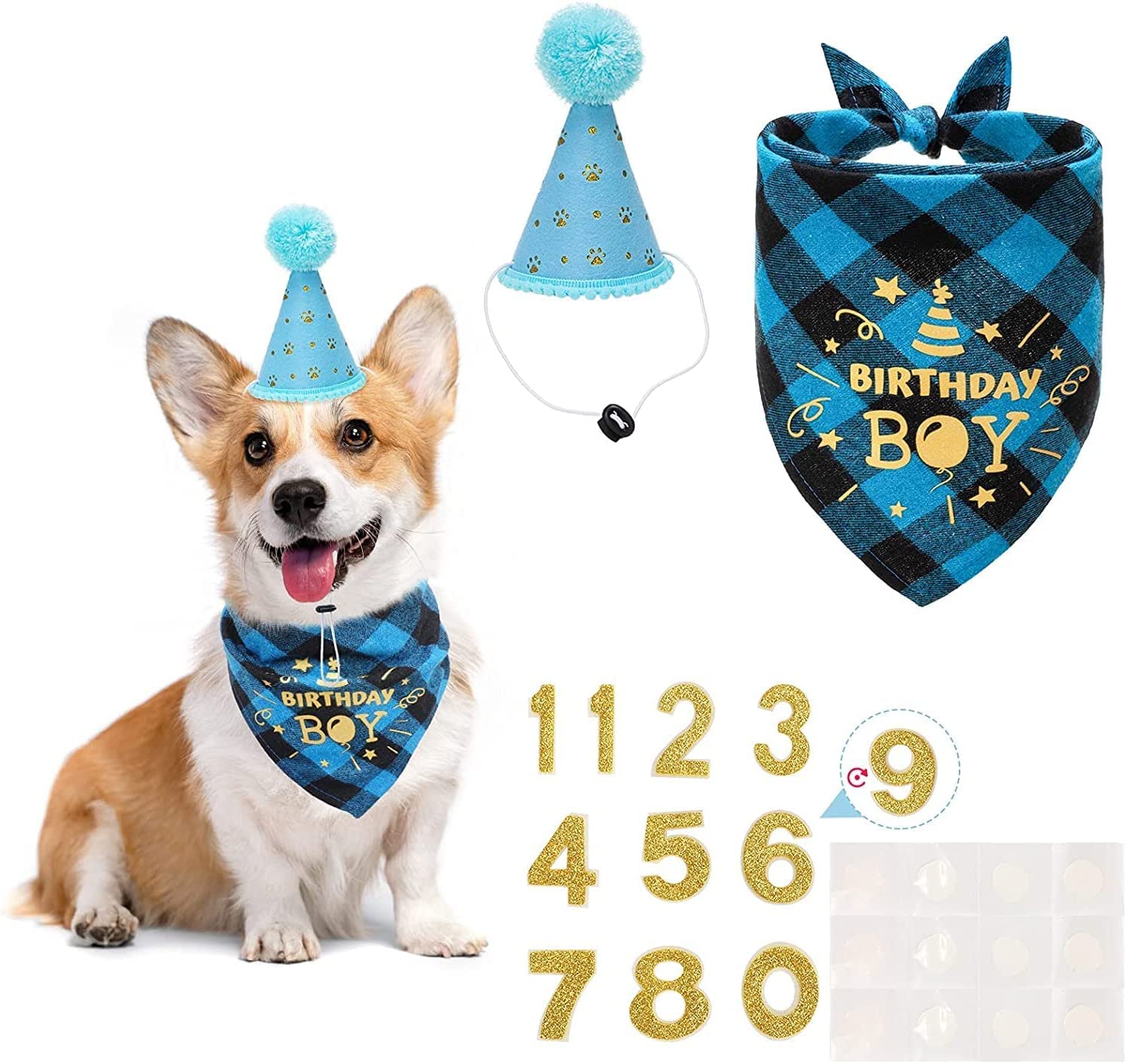 Dog Birthday Party Supplies Set - Cute Dog Bandana & Birthday Hat with Age Number, Triangle Scarf for Small & Medium Dogs | Perfect for Birthday Decorations, Pet Celebrations & Photo Shoots