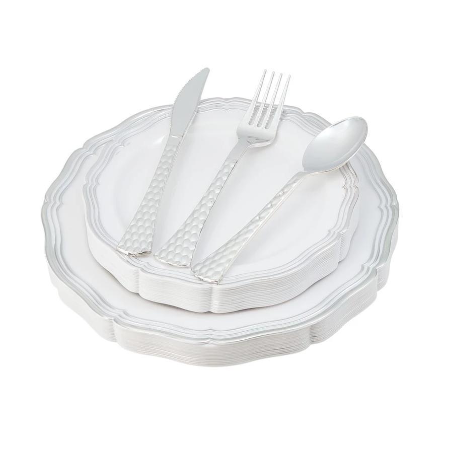 100-Piece White & Silver Round Plastic Dinnerware Set with Silverware - 20 Place Settings - Elegant Disposable Tableware for Parties, Weddings, and Events - Aristocrat Brand