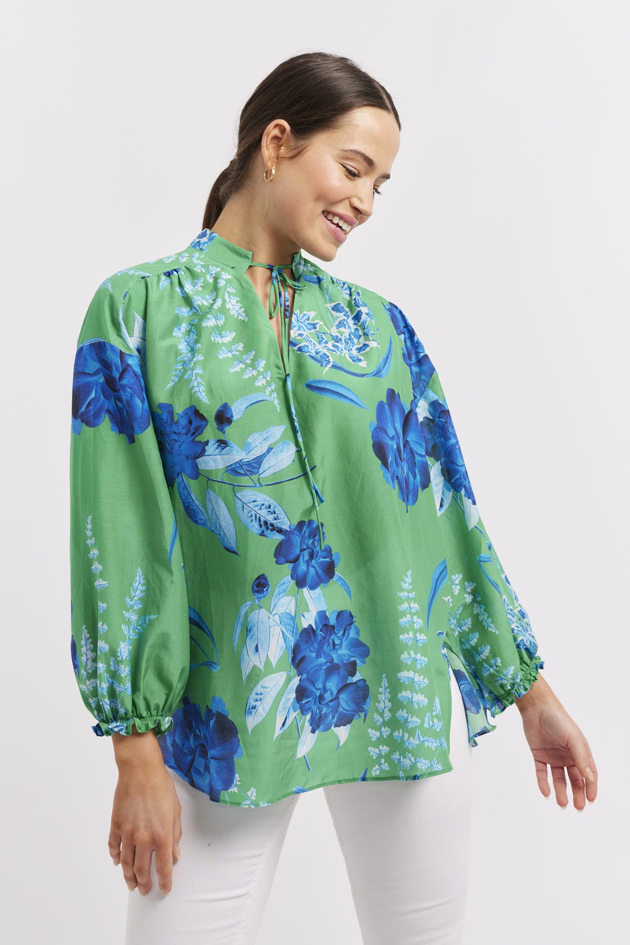Edie Cotton Silk Top in Emerald Night Garden - Elegant Blouse for Women | Perfect for Office, Party & Evening Wear