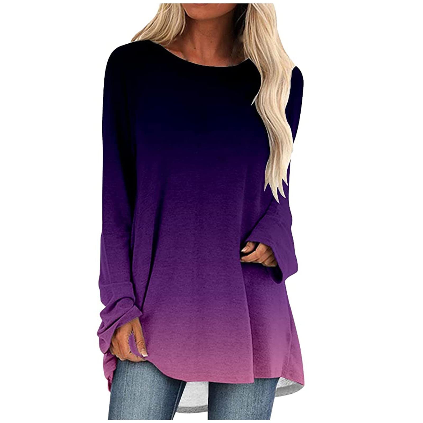Women's Long Sleeve Tie Dye Tunic Tops - Trendy Fall Fashion Blouses for Casual & Dressy Occasions - Plus Size T-Shirt Style Tops for Work, Weekend & Holiday Outfits