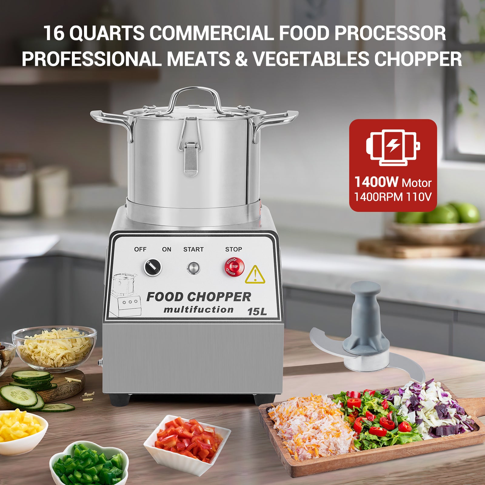 GARVEE 1400W Commercial Food Processor - 63 Cup Electric Vegetable Chopper & Meat Grinder with Stainless Steel Blades - Multi-Functional Kitchen Appliance for Slicing, Dicing, Grinding - Includes Gloves & Brush - 110V - Perfect for Restaurants, Catering & Home Cooking