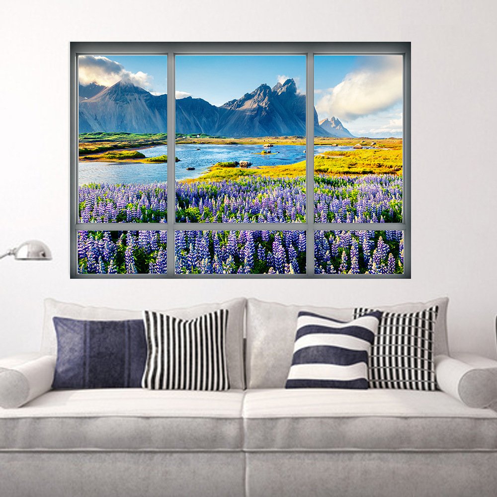 DNVEN 28x20 Inch 3D Fake Window Decal - Lavender Fields Mountain View HD Vinyl Wall Sticker for Bedroom, Living Room & Playroom | Home Decor, Office & Nursery Wall Art