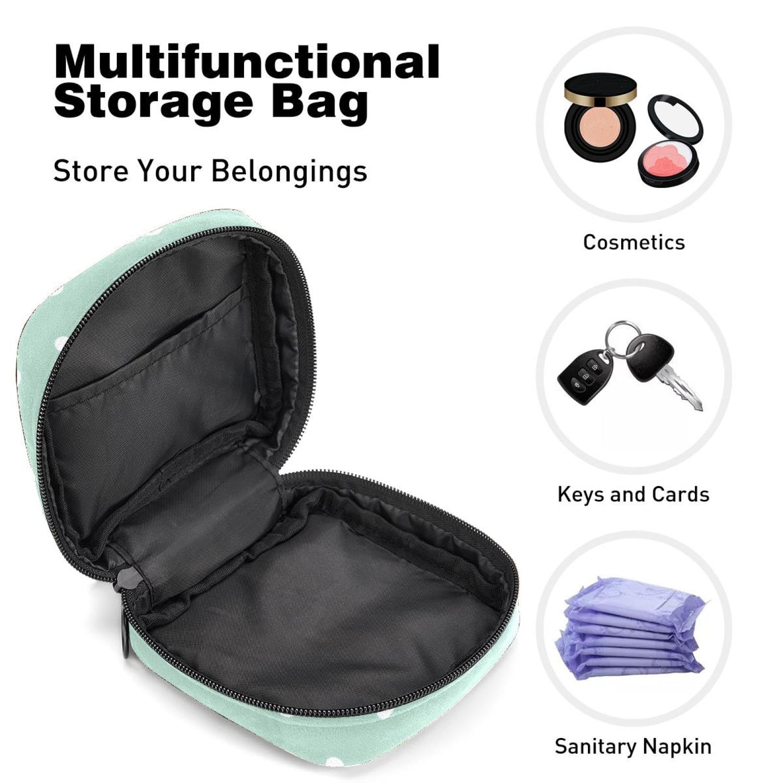 Sanitary Pad Organizer Bag - Reusable Menstrual Cup Pouch & Feminine Hygiene Storage Case for Women & Girls - Mint Green with White Polka Dots - Perfect for Travel, Gym, and School Essentials