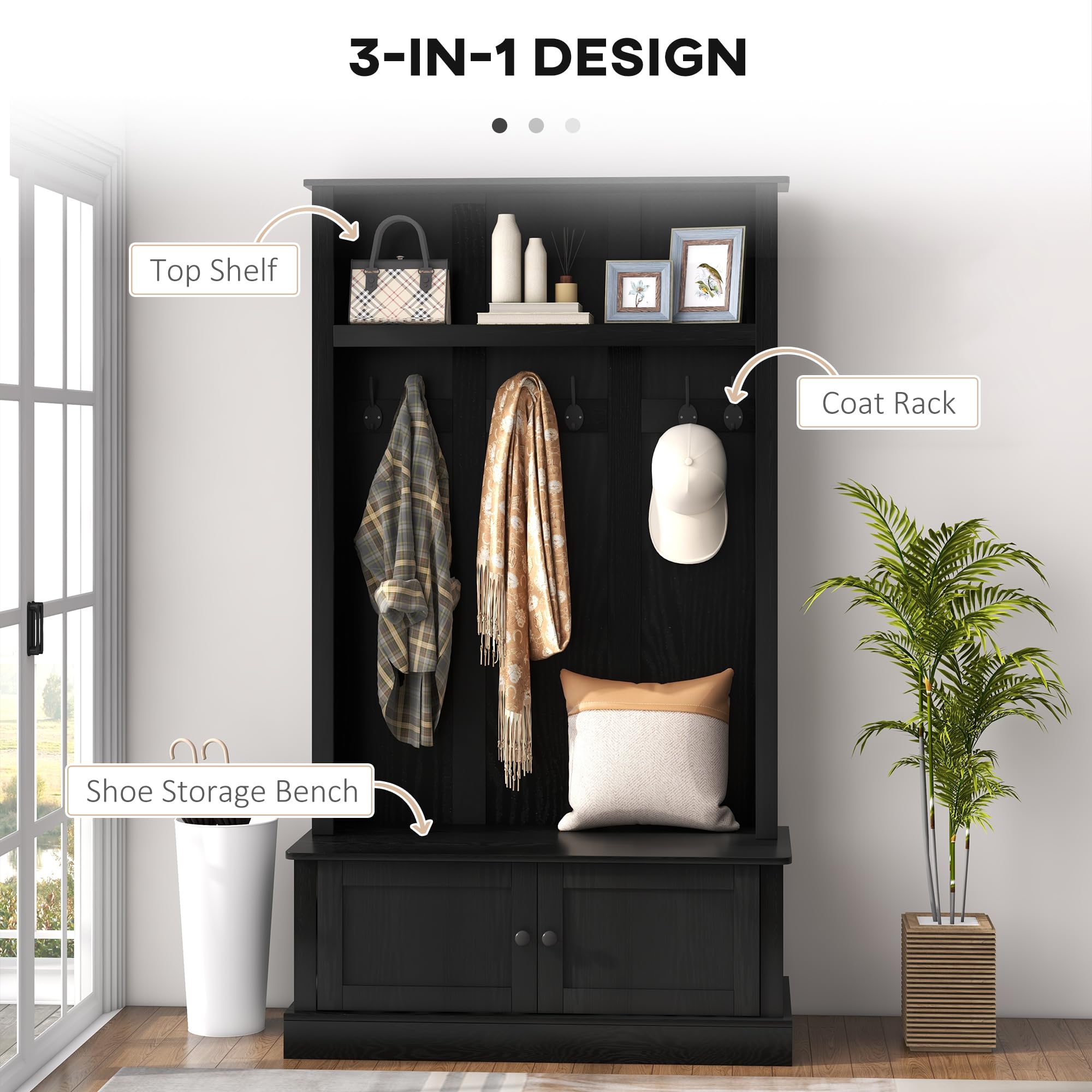 HOMCOM Entryway Bench with Storage & Hooks - Hall Tree Coat Rack, Shoe Storage Cabinet & Shelf - Sturdy Mudroom Bench for Hallway, Living Room & Entryway Organization - Black