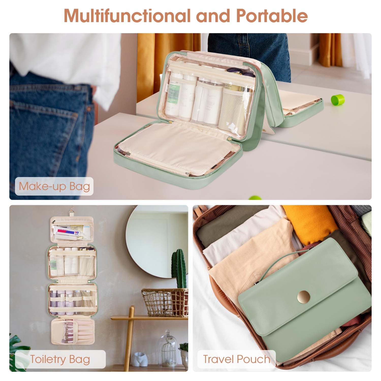Wandering Nature Hanging Travel Toiletry Bag for Women - Waterproof PU Leather Makeup Organizer with 4 Compartments for Full-Sized Cosmetics (Green) | Perfect for Travel, Gym, Camping & Daily Use