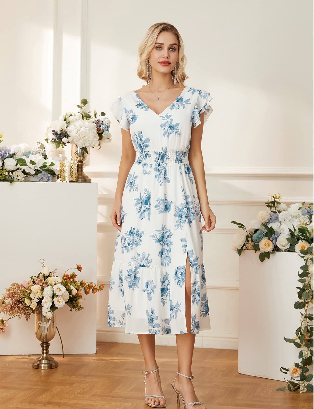 GRACE KARIN Women's V-Neck Ruffled Sleeve Summer Dress 2025 | Flowy Split Tiered Midi Dress for Wedding Guest & Cocktail Parties | Beach Vacation, Date Night, Office Wear