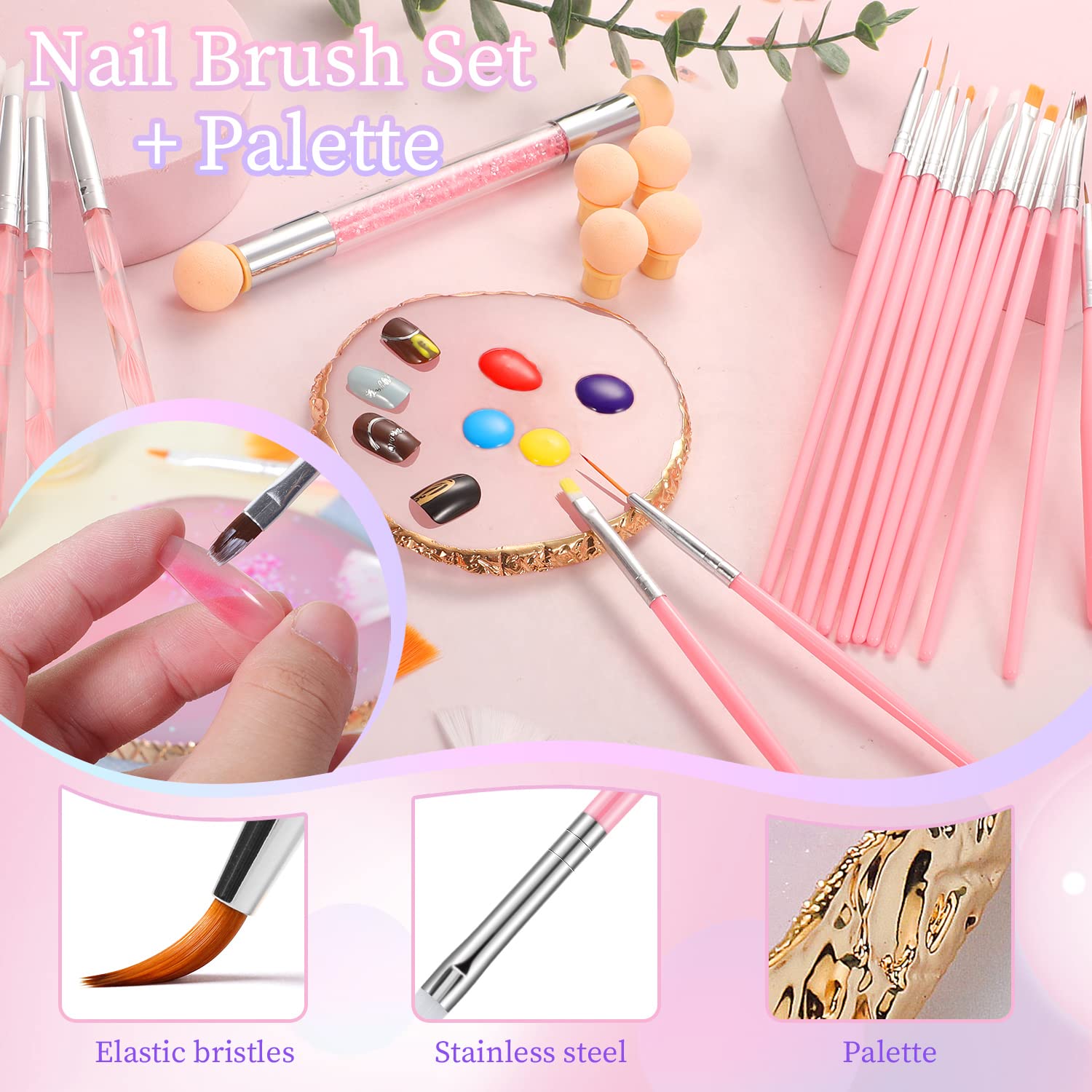 26 Pcs Professional Nail Art Brush Set with Mixing Palette - Double-Ended Dotting Pen & Nail Tech Tools for Salon & DIY Manicure - Perfect for Acrylic, Gel Polish & Nail Design (3.5 inch Palette)