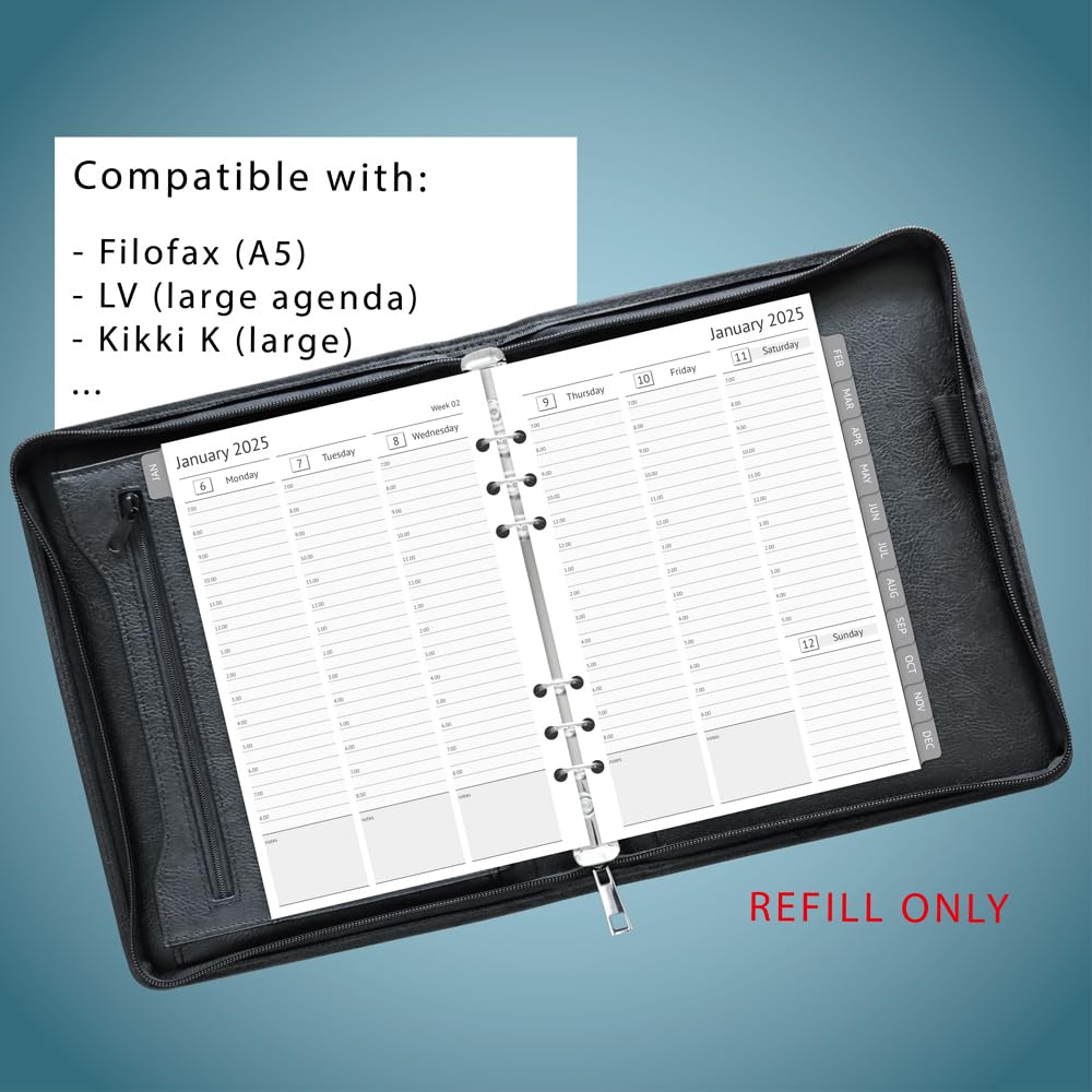 Newestor 2025 A5 Planner Inserts – Filofax A5 Compatible Weekly & Monthly Appointment Book Pages with Tabs, 6-Hole Punch – Perfect for Office, School, and Personal Organization