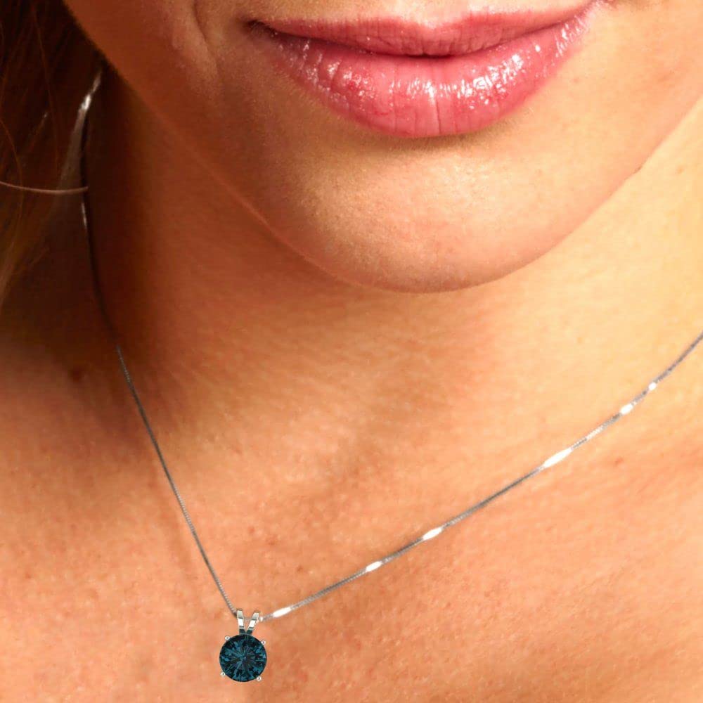 1.0 ct Natural London Blue Topaz Solitaire Pendant - 14k White Gold Round Cut Fine Jewelry with 18