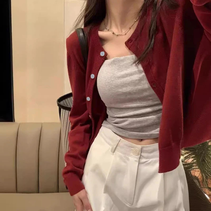 Red Cardigan Long Sleeve Knit Sweater for Women - Cozy Winter Pullover with Pockets | Perfect for Office, Casual Outfits & Holiday Gatherings