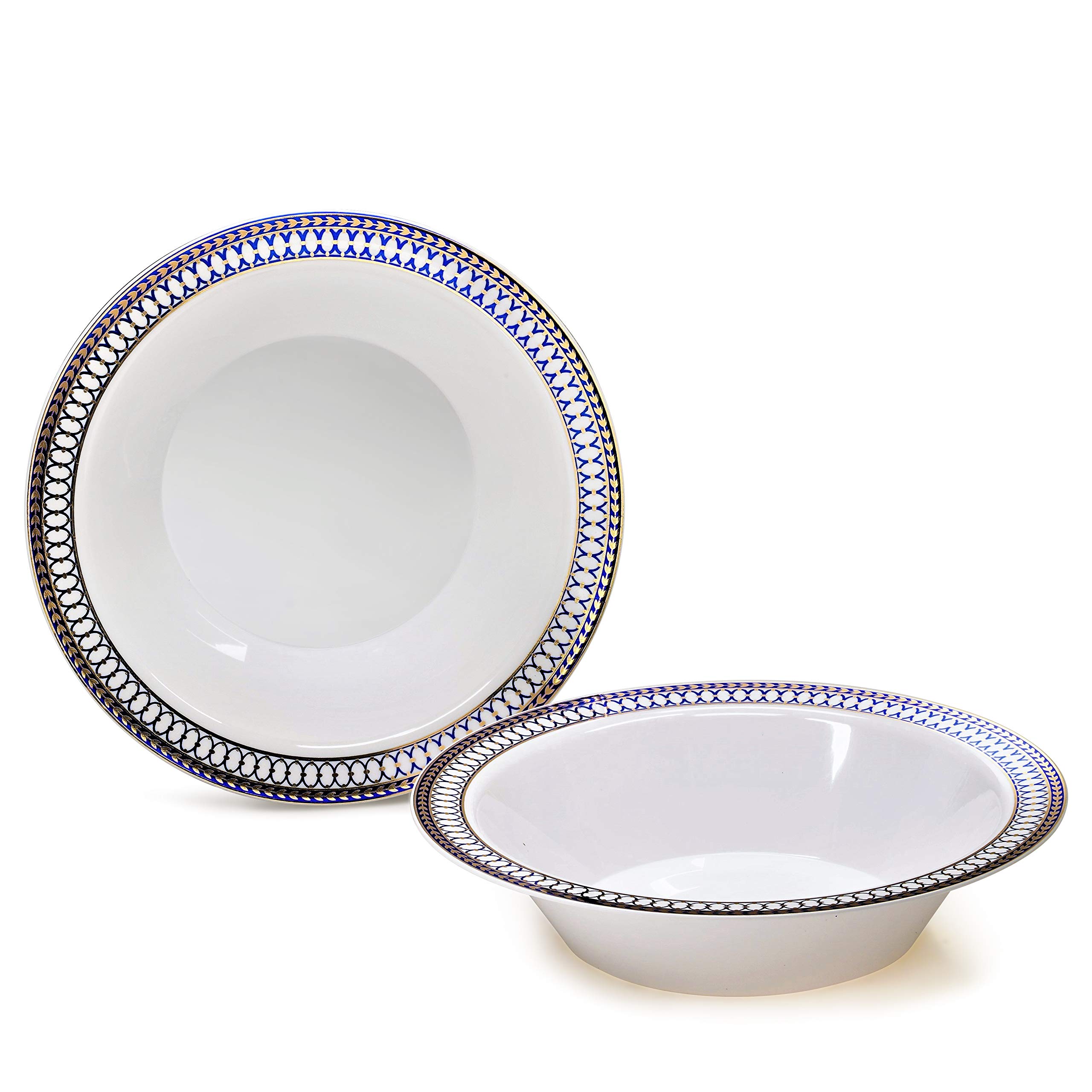 40-Piece Heavyweight Disposable Plastic Plates Set - 14oz Soup Bowls for Wedding, Party & Events (White/Blue/Gold) - Elegant Dinnerware for Catering, Picnics & Special Occasions