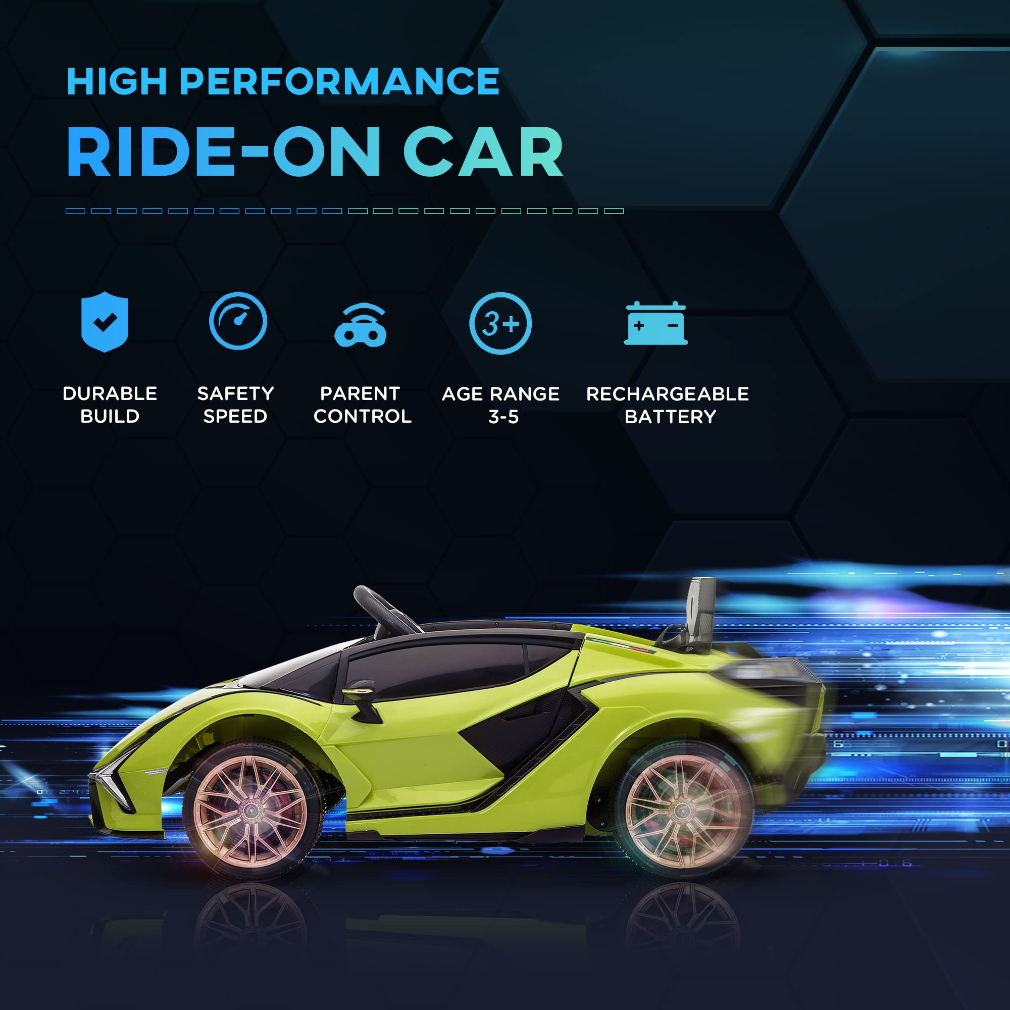 Lamborghini SIAN Licensed 12V Kids Electric Ride-On Car with Remote Control - Battery Powered Toy Vehicle with Horn, Music & LED Headlights - Perfect for Birthday Gifts & Outdoor Play (Green)