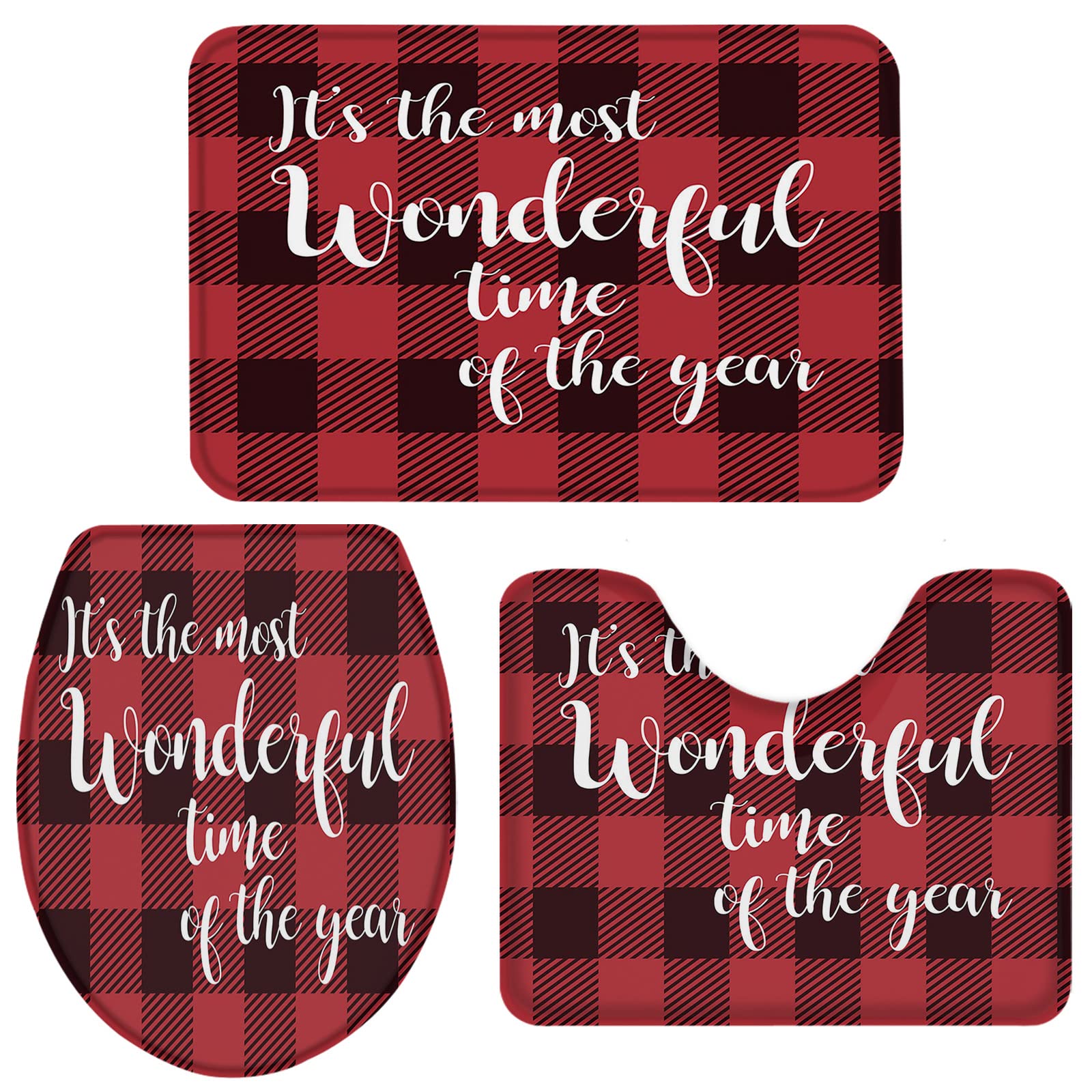 BRINGMEHOME 3-Piece Christmas Themed Bathroom Rug Set - Red Plaid Text Print Non-Slip Contour Rug, Pedestal Mat & Toilet Lid Cover | Holiday Home Decor for Cozy Bathroom Makeover