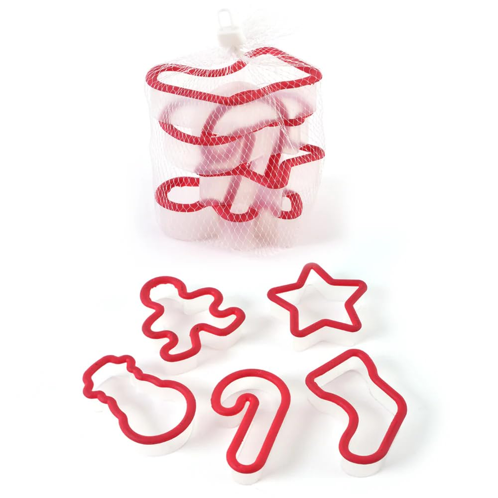 FLOMO Holiday Essentials Christmas Plastic Cookie Cutters Set - 5 Piece Baking Tools (Star, Stocking, Snowman, Gingerbread Man, Candy Cane) for Festive Cookies, Gingerbread Houses & Holiday Baking Decorations