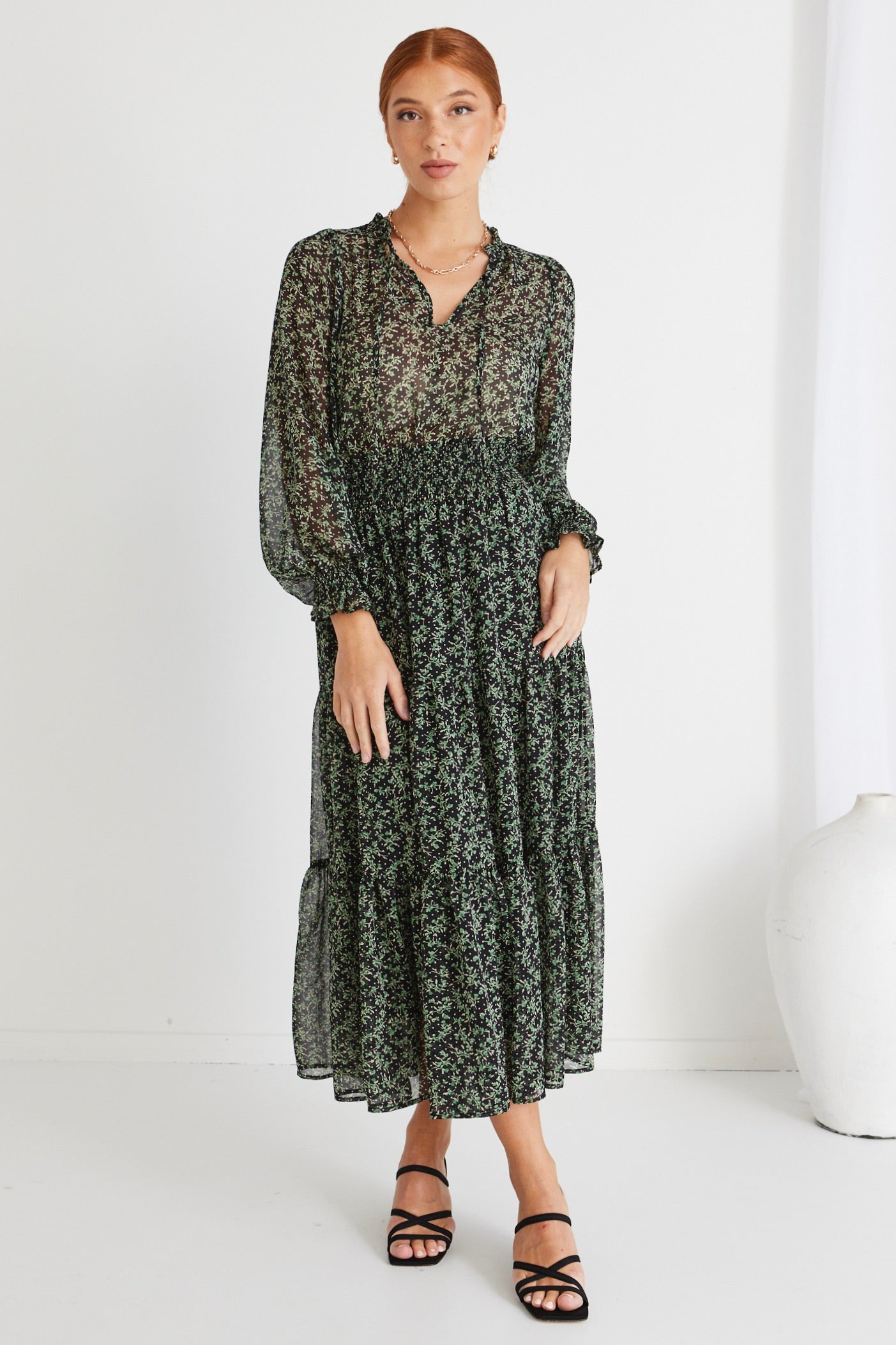 Charlie Green Floral Print Long Sleeve V-Neck Tiered Midi Dress for Women | Boho Chic Summer Dress for Beach, Party & Casual Wear