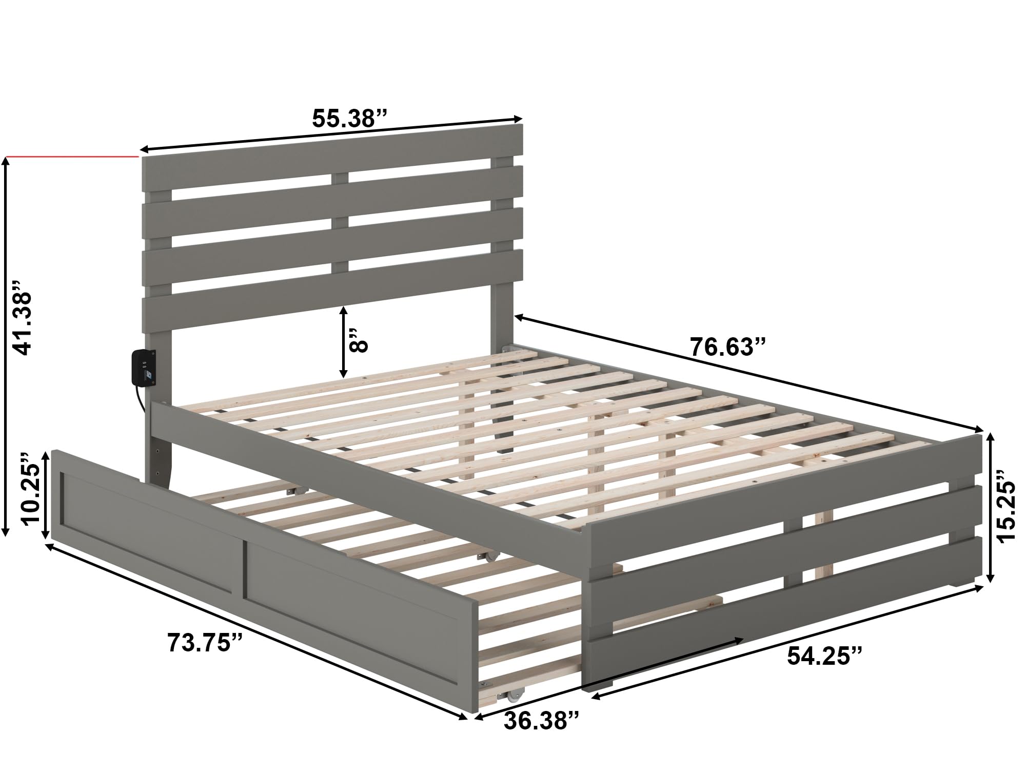 AFI Oxford Full Size Platform Bed with Footboard & Twin Trundle in Grey - Modern Wooden Bed Frame for Small Spaces, Guest Room & Kids Bedroom Furniture