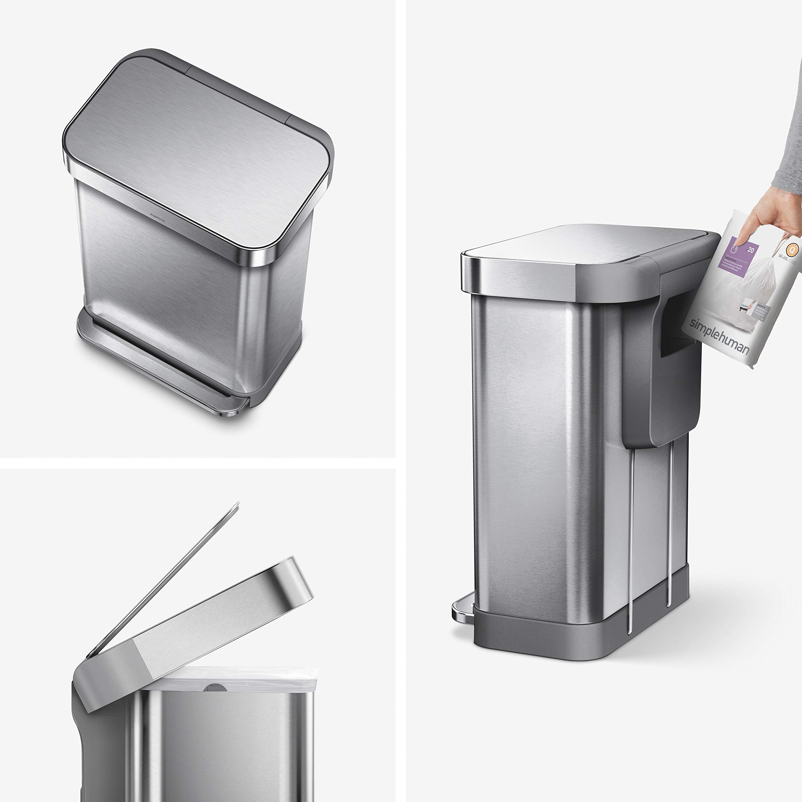 SimpleHuman 55L Rectangular Step Trash Can with Custom Fit Liners - Durable Kitchen Garbage Bin for Home, Office & Commercial Use