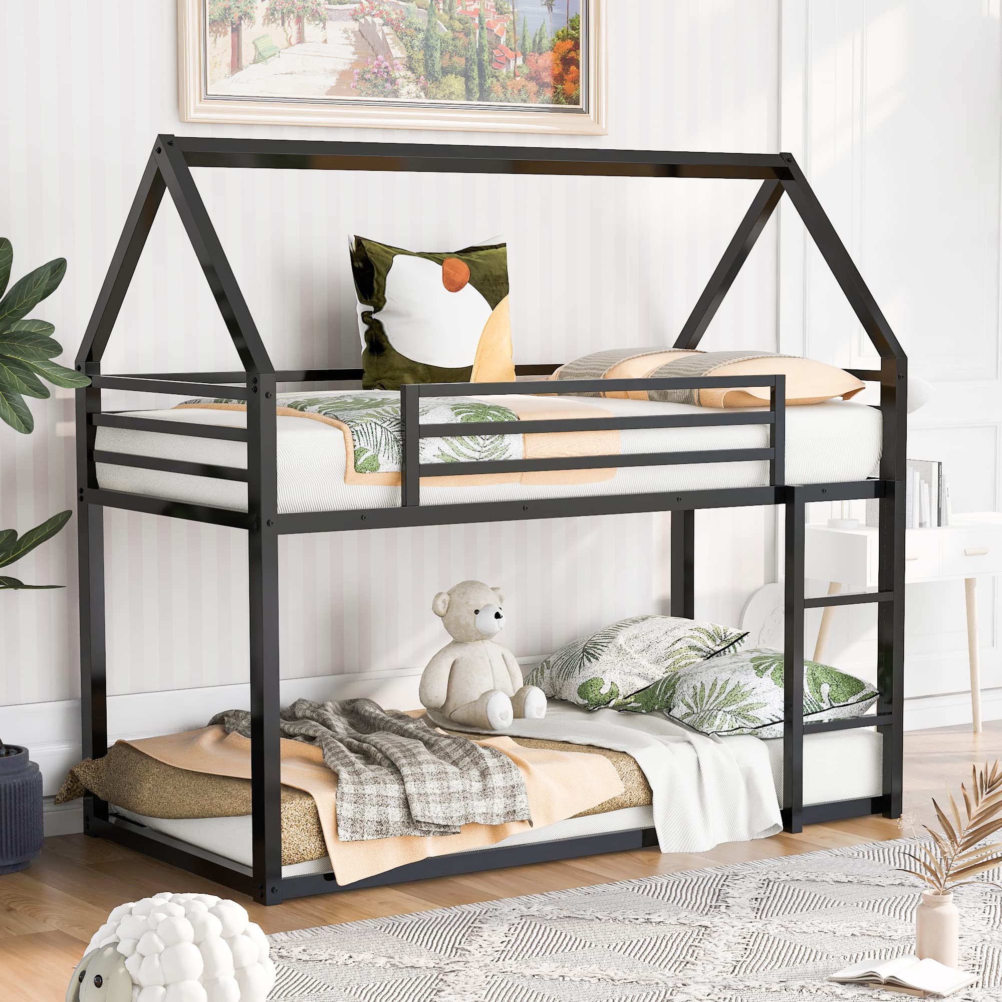 Metal Twin Over Twin Bunk Bed with Roof - Low Profile Floor Bunk Bed Frame with Built-in Ladder & Guardrail for Kids, Teens & Adults - Space-Saving Black Bedroom Furniture for Small Rooms, Dorms & Vacation Homes