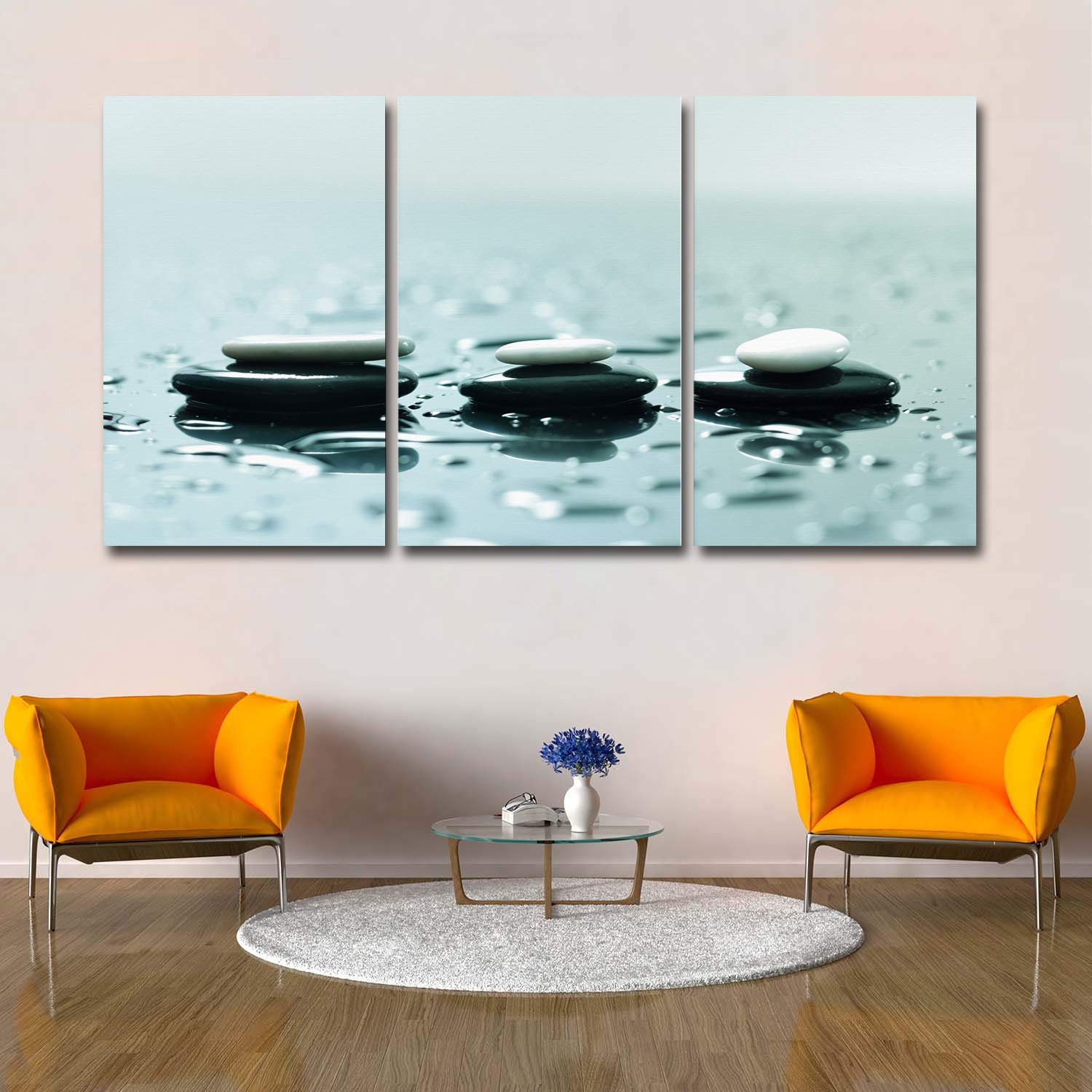 3 Piece Canvas Wall Art - Zen Stones on Water - Modern Gallery Wrapped Canvas Prints - Stretched & Framed Ready to Hang - 12