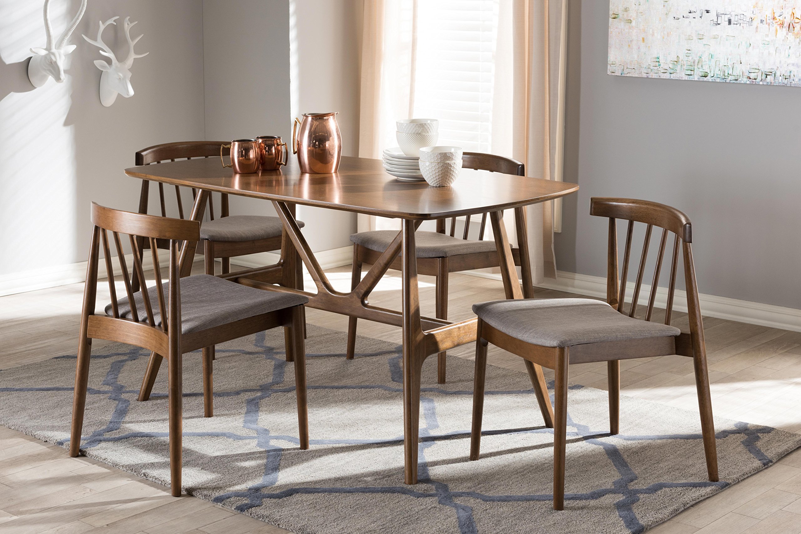 Baxton Studio Wyatt 5-Piece Dining Set - Solid Walnut Wood Table & Chairs for Modern Kitchen, Dining Room | Perfect for Family Meals & Entertaining Guests