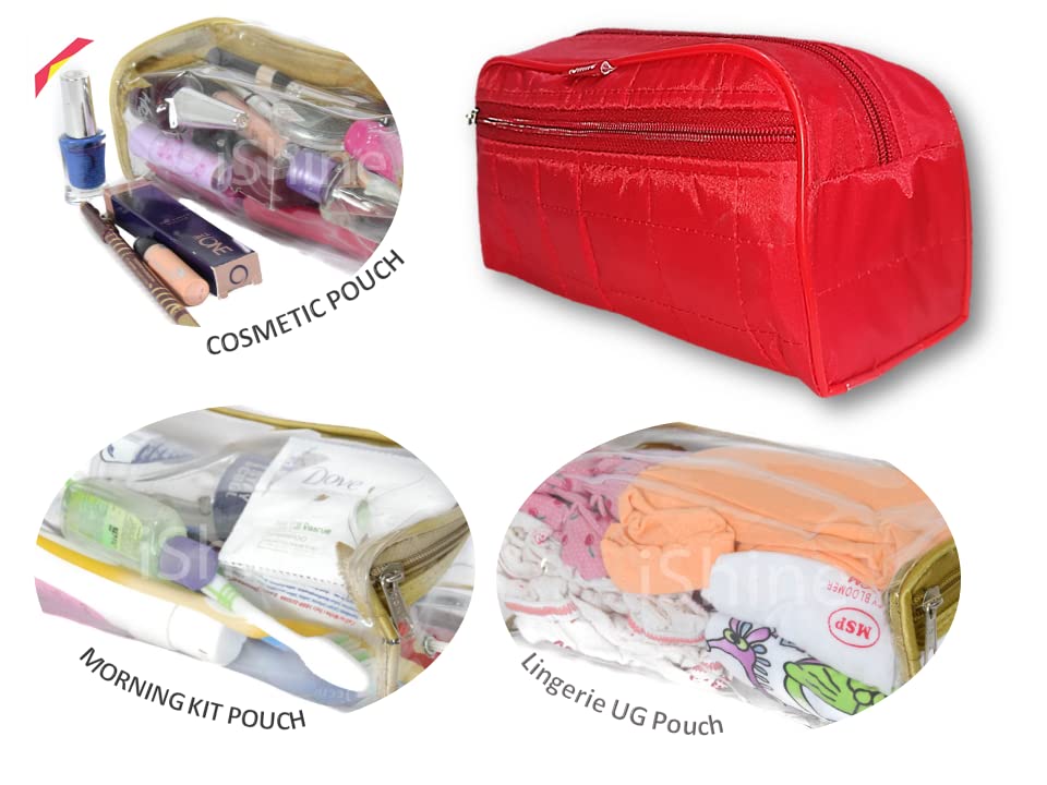 iShine Double Pocket Travel Cosmetic Bag - Waterproof Makeup Organizer Pouch for Men & Women | Morning Kit & Toiletry Storage (Red, Parachute Fabric, 2 Pack) - Perfect for Air Travel, Gym, Camping & Daily Essentials