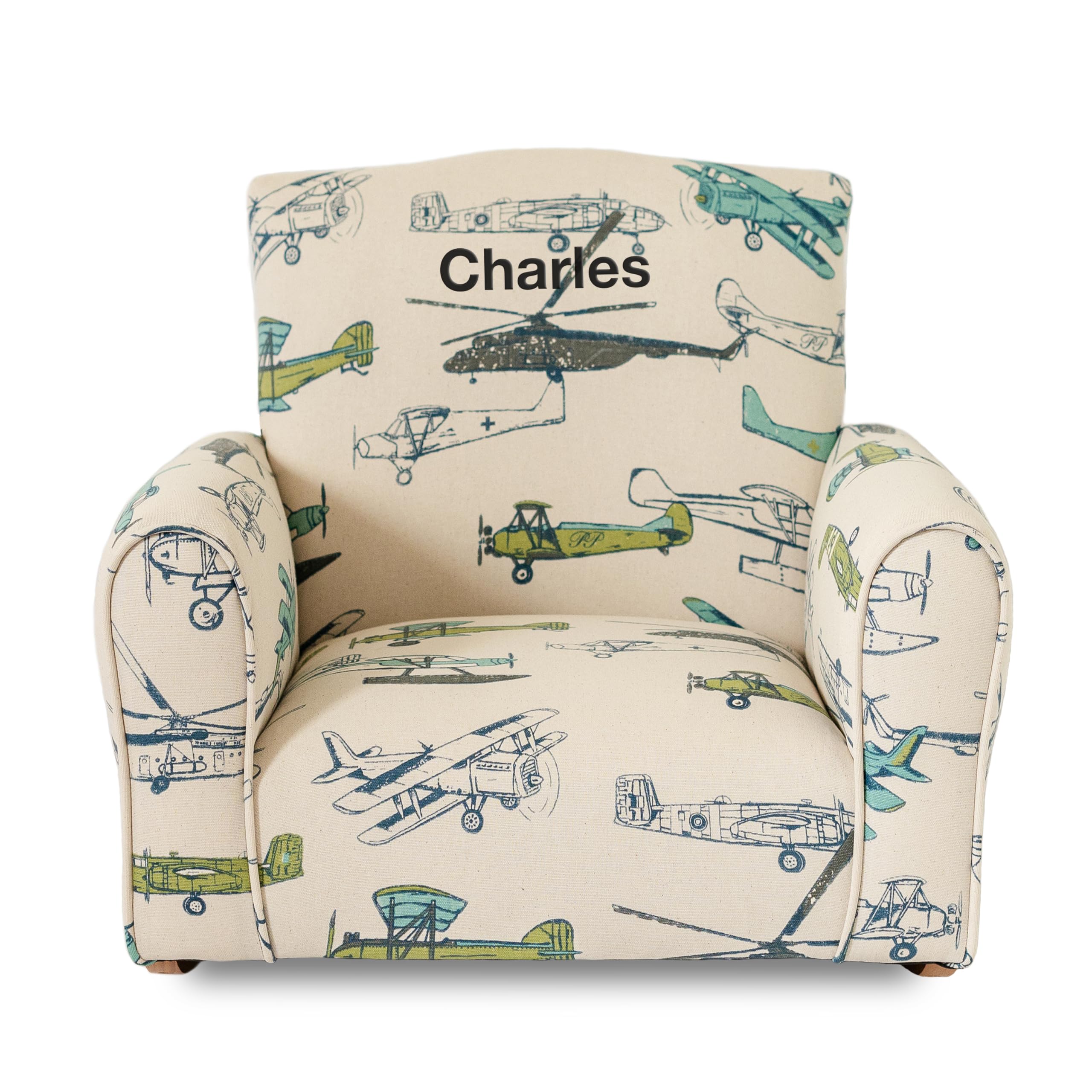 Personalized Kids Upholstered Rocking Chair with Name - Airplane Print Toddler Armchair for Nursery, Bedroom & Playroom - Comfy Personalized Children's Furniture Gift for Boys & Girls