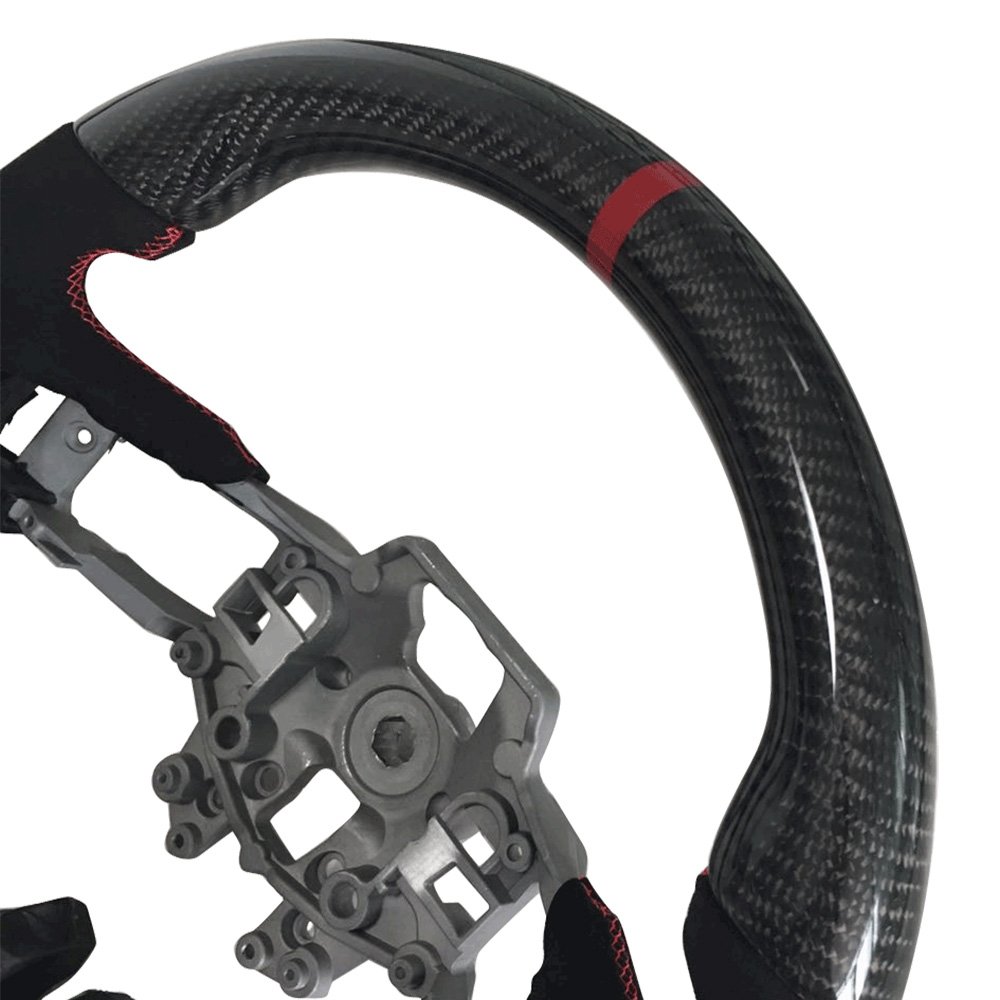 IKON MOTORSPORTS V3 Style Carbon Fiber Steering Wheel with Red Synthetic Suede Ring - Compatible with 2015-2017 Ford Mustang | Perfect for Racing, Drifting & Performance Driving