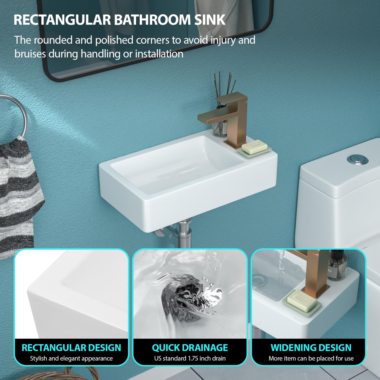 Funmier 18x10 Inch White Ceramic Wall Mount Floating Vessel Sink - Rectangle Bathroom Corner Sink with Right-Hand Drain - Perfect for Small Bathrooms, Powder Rooms & Modern Vanity Installations