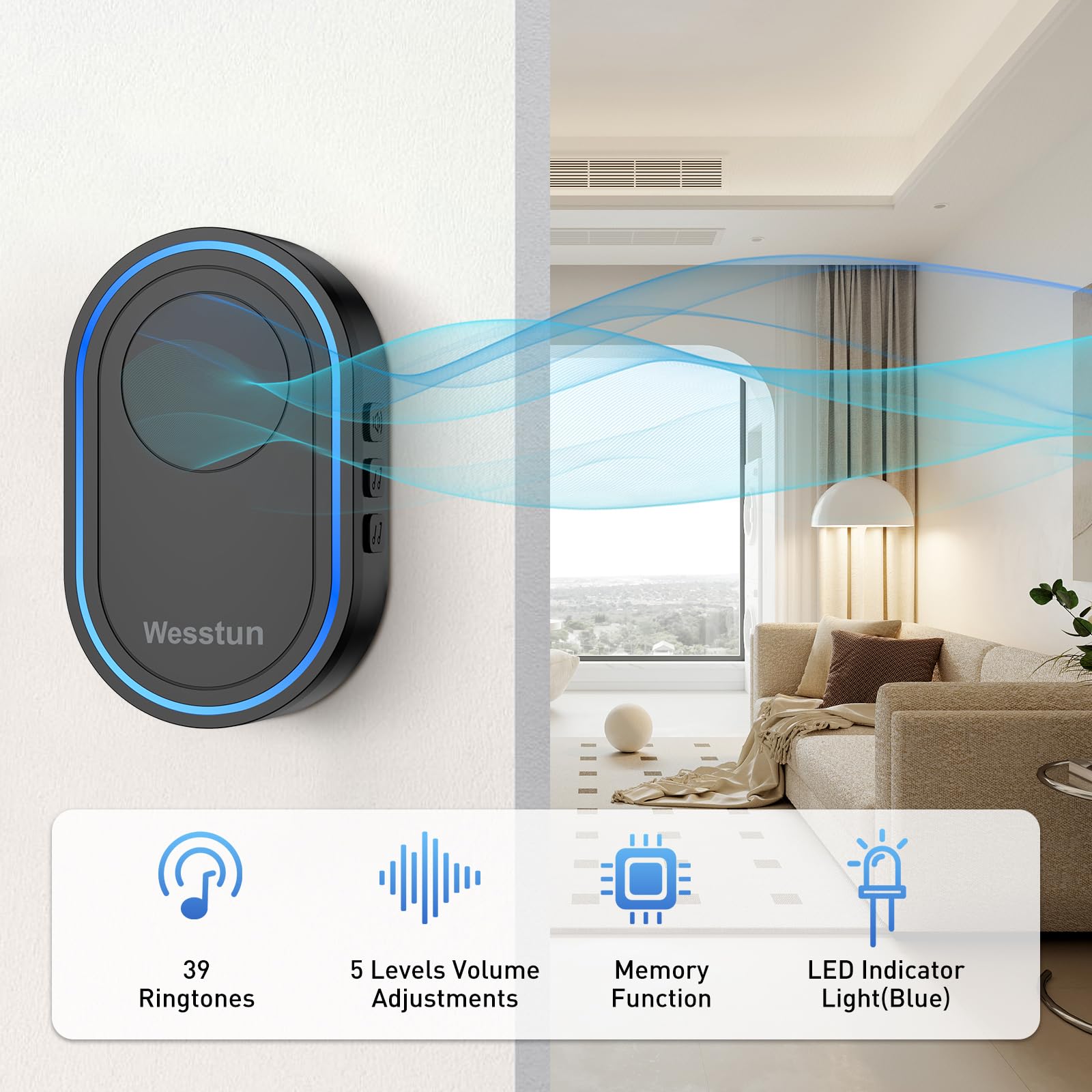 Wireless Doorbell with 39 Chimes - IP67 Waterproof, 5-Level Volume Adjustable & LED Indicator - Easy Installation for Home, Classroom, Warehouse (Black) | Perfect for Front Door, Office, and Large Spaces