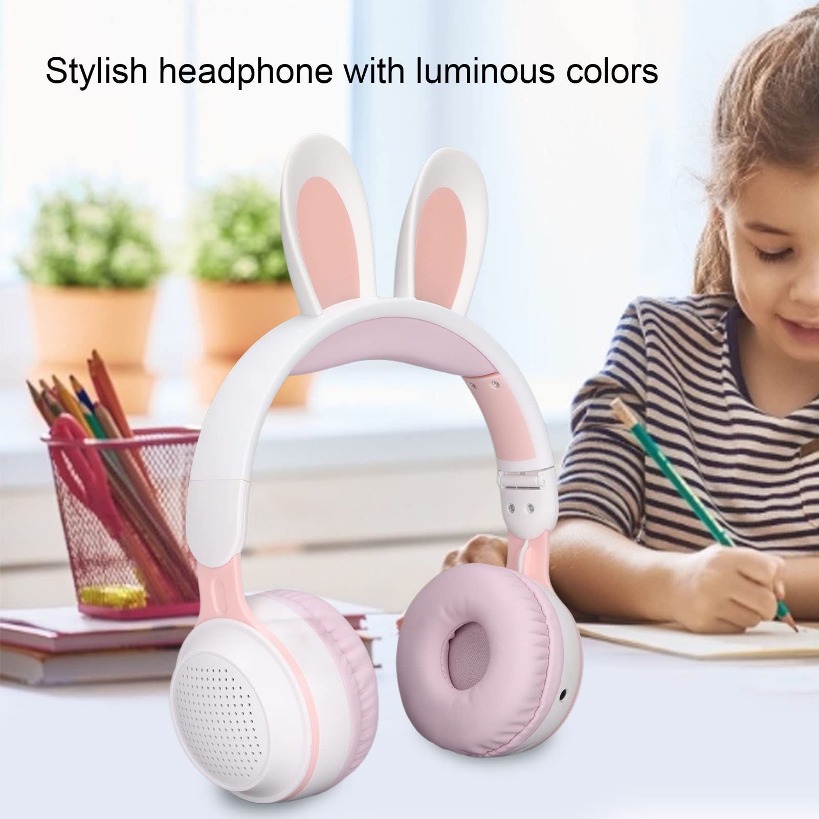 Wireless Bluetooth 5.0 Over-Ear Headphones with LED Lights - Foldable Kids Headset for Online Learning, Gaming, PC & Tablet Use - White Powder Color (Perfect for Remote Classes & Home Entertainment)