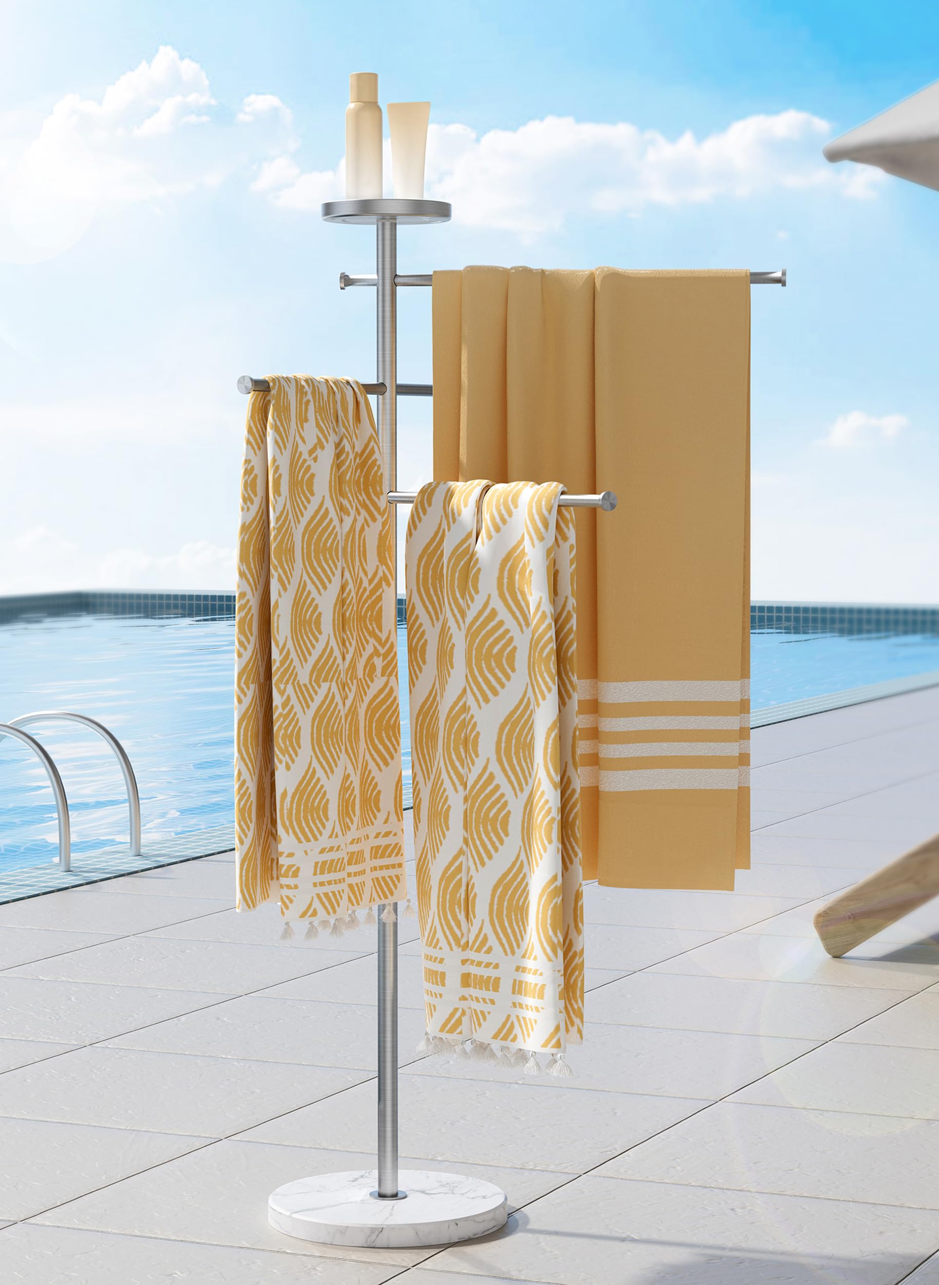 Premium 5-Ft Stainless Steel Outdoor Towel Rack with Weighted Base - Adjustable 3-Arm Design & Storage Tray - Brushed 18/8 Stainless Steel - Perfect for Poolside, Hot Tub, Patio & Backyard Use