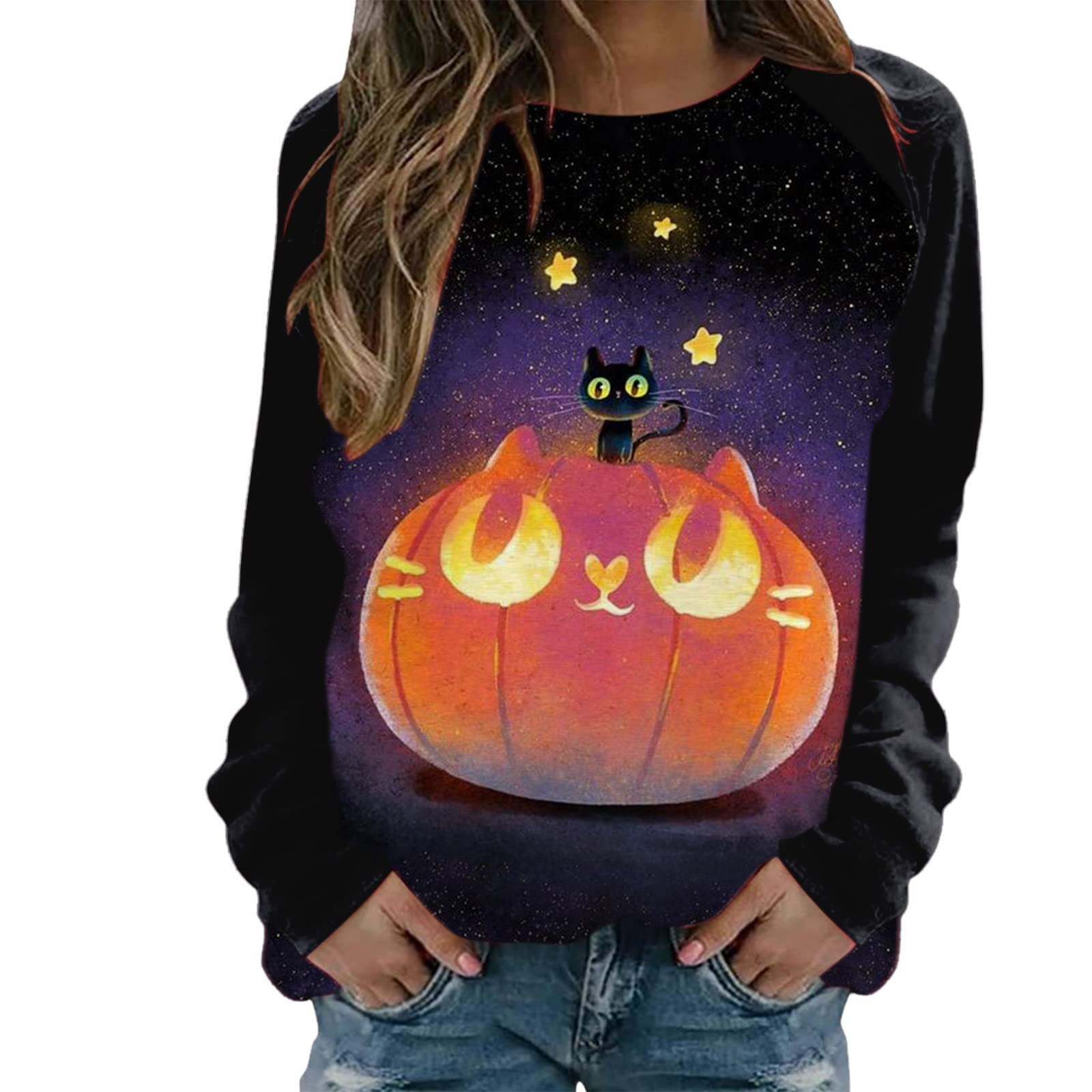 Women's Halloween Print Fall Fashion Long Sleeve Casual Sweatshirt | Warm Cozy Pullover Shirt for Women | Perfect for Halloween Parties, Autumn Outfits & Casual Wear