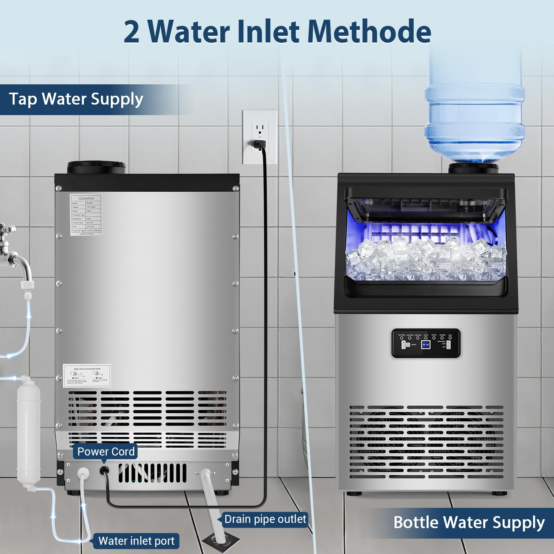 Commercial Ice Maker Machine 100Lbs/24H with 20Lbs Storage - Fast 11-20Min Cycle Produces 36 Clear Ice Cubes - Freestanding Ice Maker for Home, Bar, Restaurant, Party - Works with 5-Gallon Bottles & Tap Water - Perfect for Cocktails, Beverages & Food Preservation