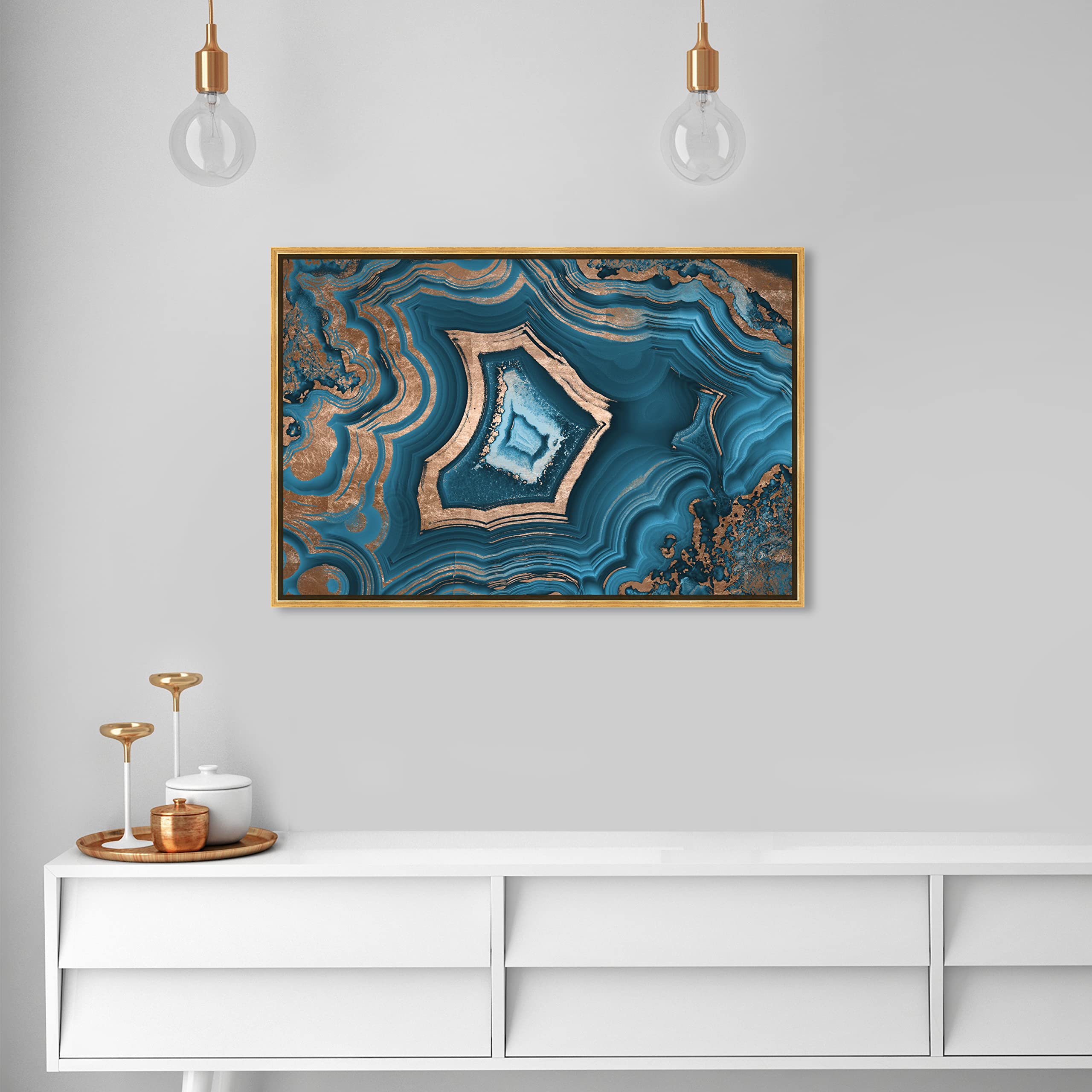 Oliver Gal Dreaming About You Geode Framed Abstract Wall Art - 36x24 Inches, Blue & Gold - Modern Home Decor for Living Room, Bedroom, Office