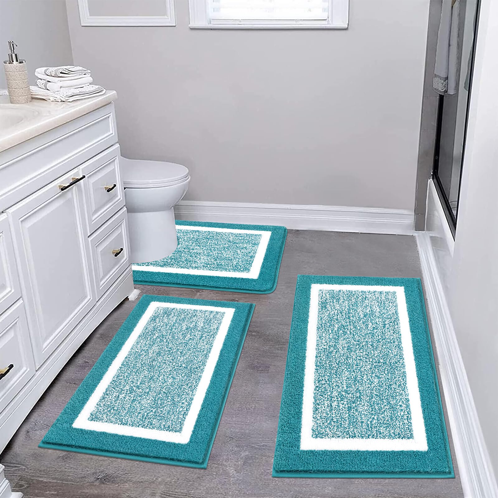 Premium 3-Piece Bathroom Rug Set - Ultra Absorbent Microfiber Plush Shower Mats with U-Shaped Toilet Mat | Non-Slip, Machine Washable Shaggy Floor Mats for Bathroom Safety & Comfort | Perfect for Bathrooms, Showers & Vanity Areas - Aqua Blue